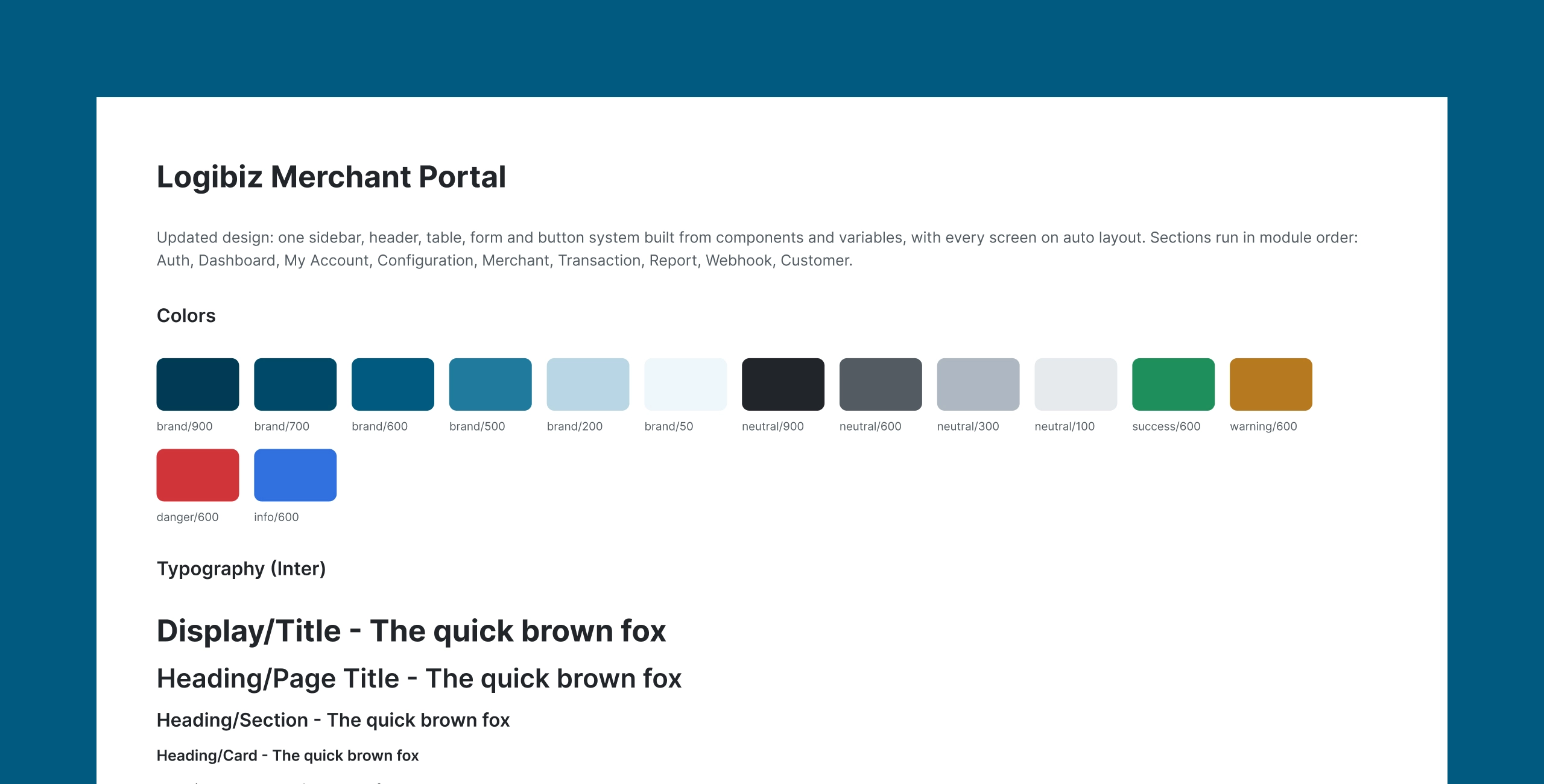 Logibiz Merchant Portal design system page showing the brand, neutral and status colour tokens and the Inter type scale