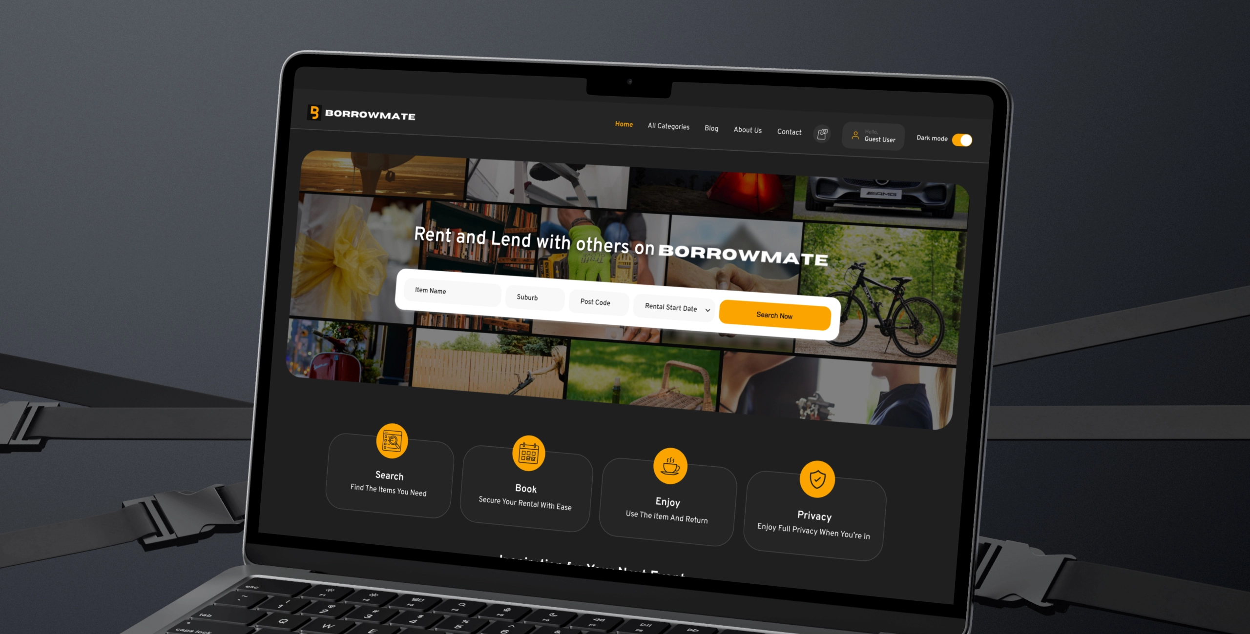 The platform's home page on a laptop, with a search bar and Search, Book, Enjoy and Privacy steps