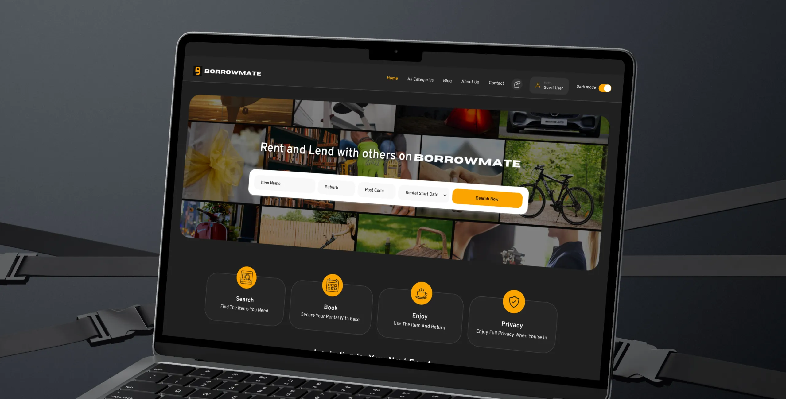 The platform's home page on a laptop, with a search bar and Search, Book, Enjoy and Privacy steps