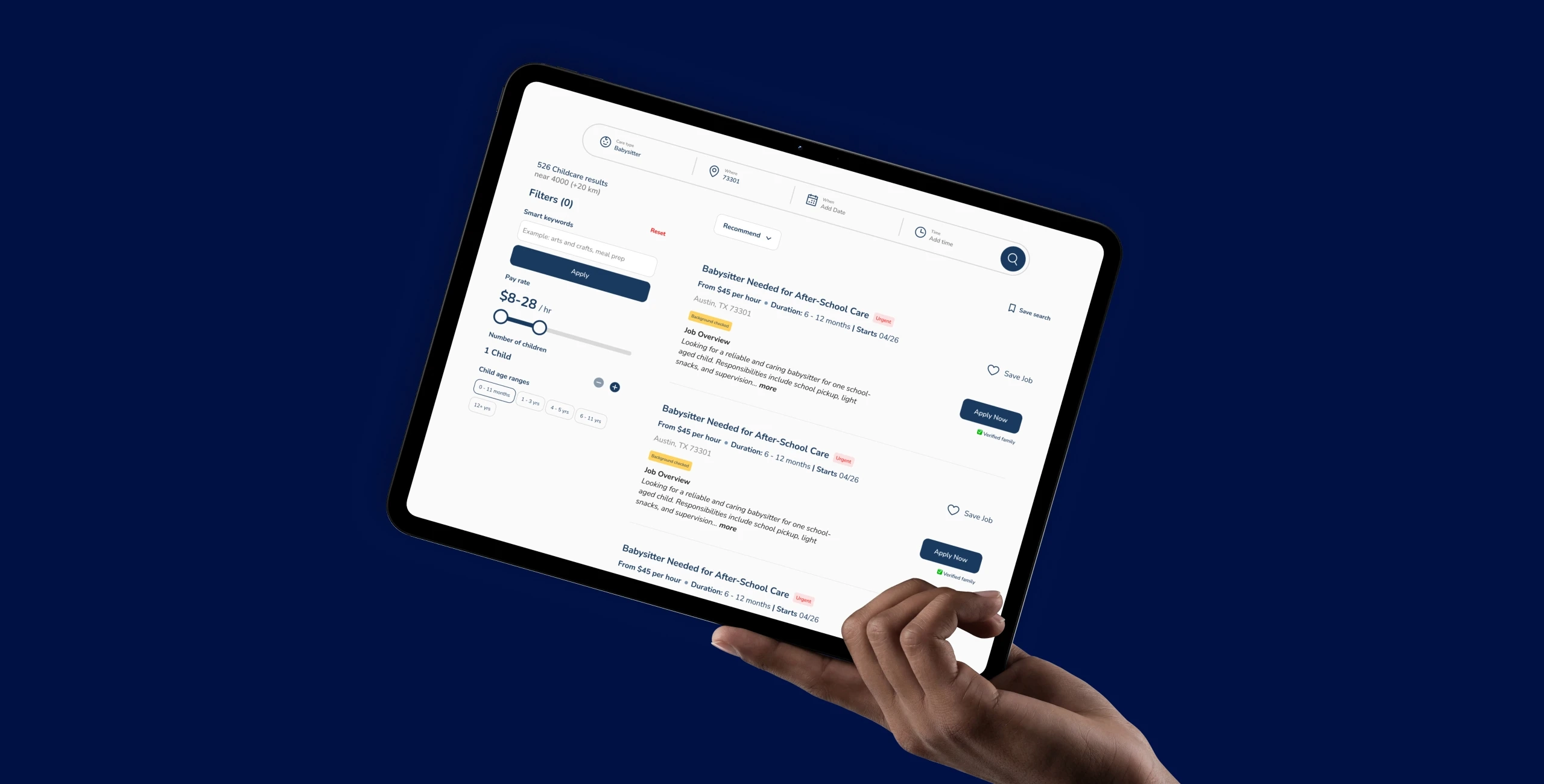 MashCare babysitting job search results shown on a tablet