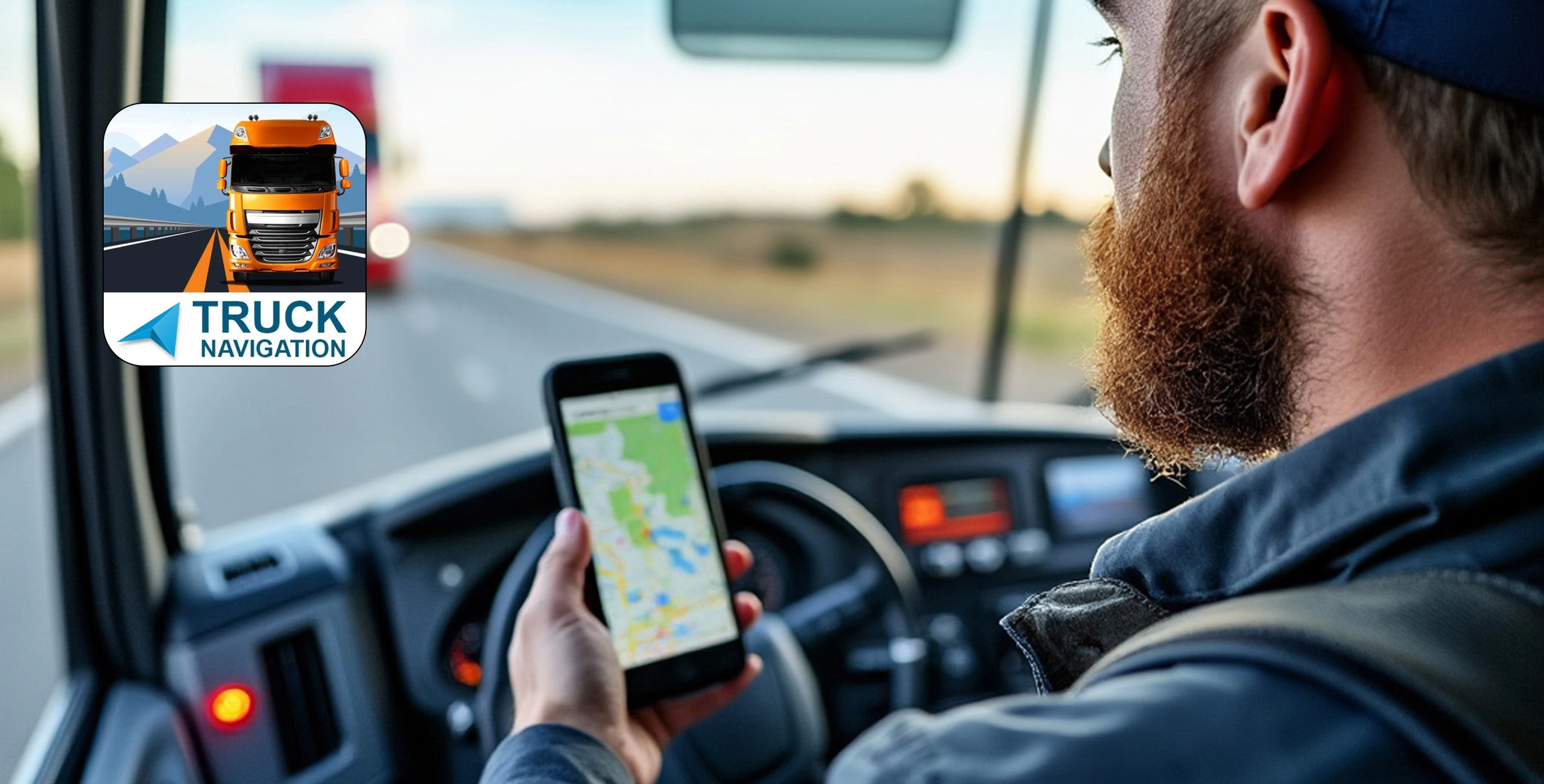 Truck driver checking a route on the Truck Navigation app while driving, with the app icon overlaid