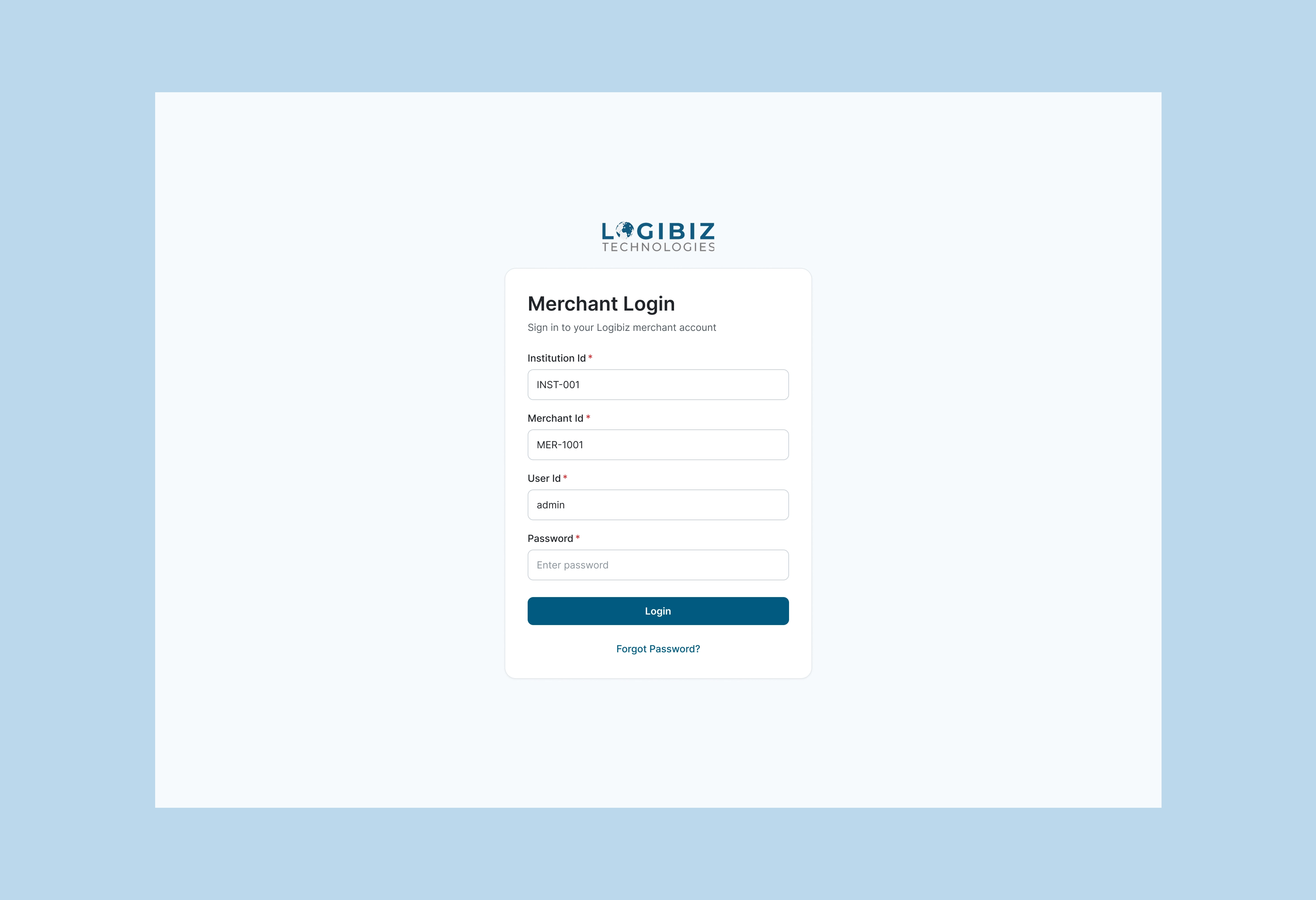 Logibiz Merchant Login screen with Institution Id, Merchant Id, User Id and Password fields