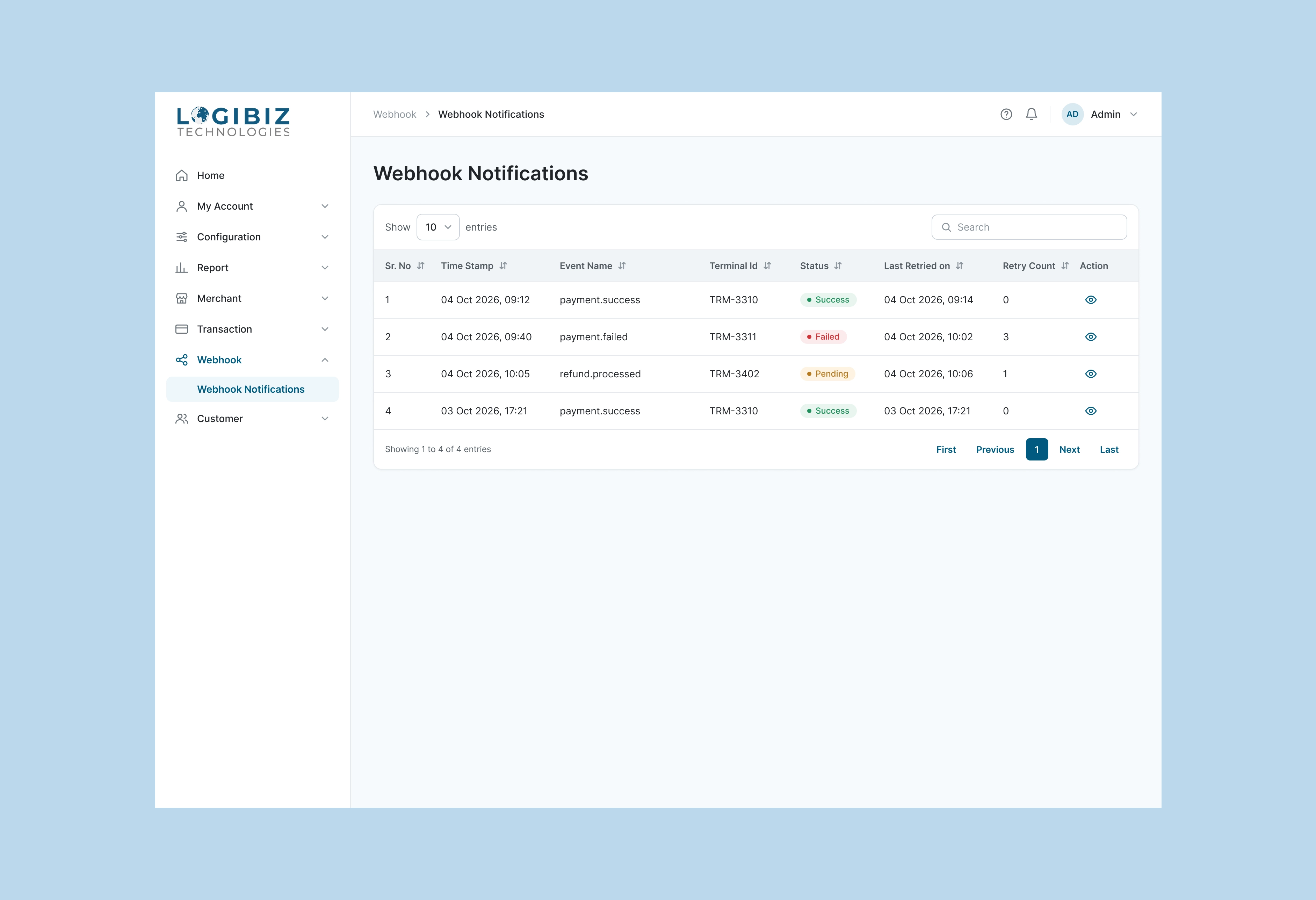 Logibiz Webhook Notifications table with timestamp, event name, terminal id, status, last retried on and retry count