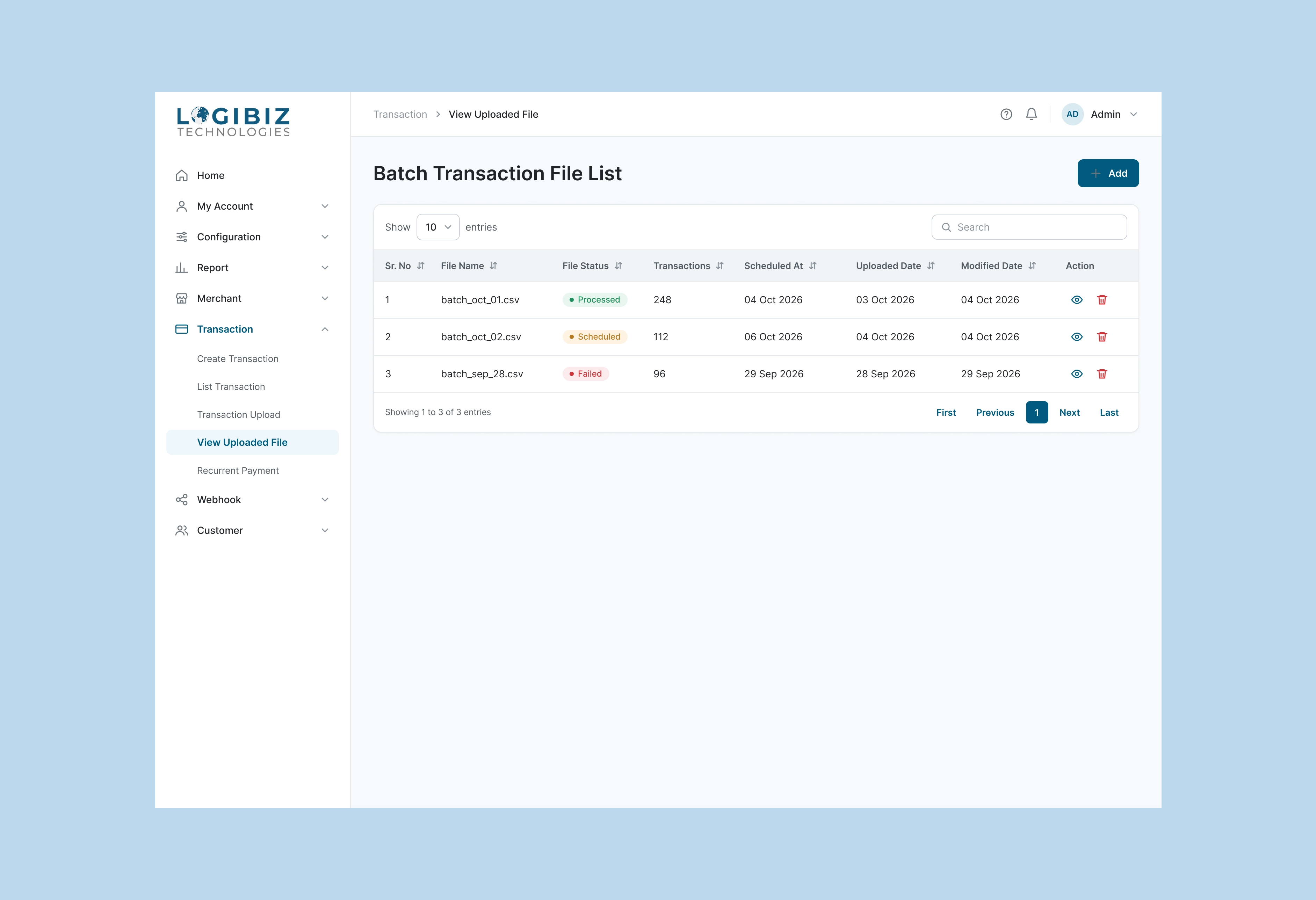 Logibiz Batch Transaction File List with file name, file status, transactions, scheduled at, uploaded date and modified date