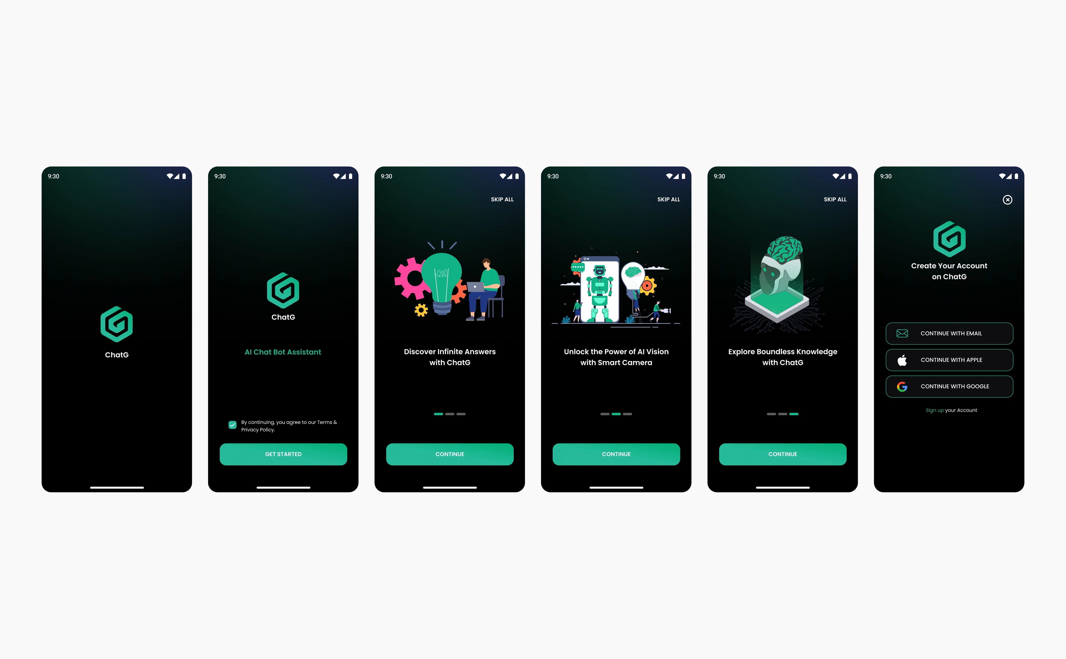 ChatG onboarding screens: splash, welcome with Terms, three onboarding slides, and the create account screen