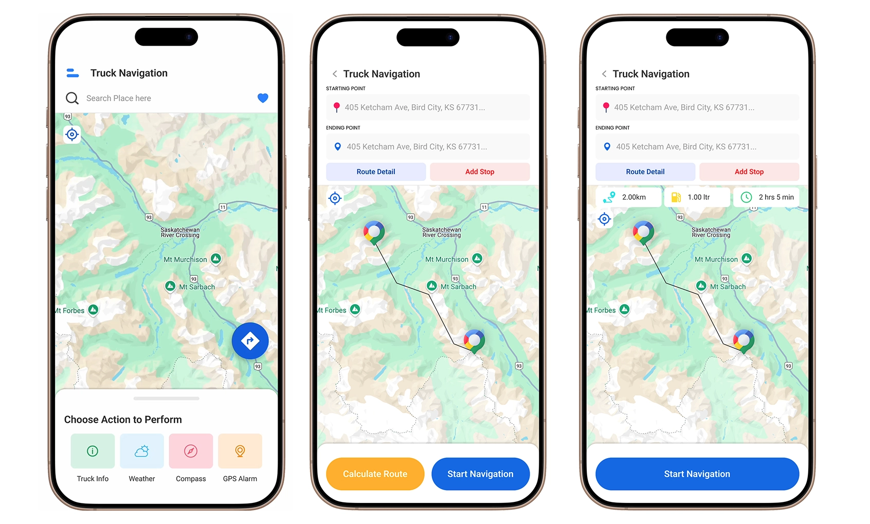 Truck Navigation app home screen, route selection screen, and route summary screen shown side by side