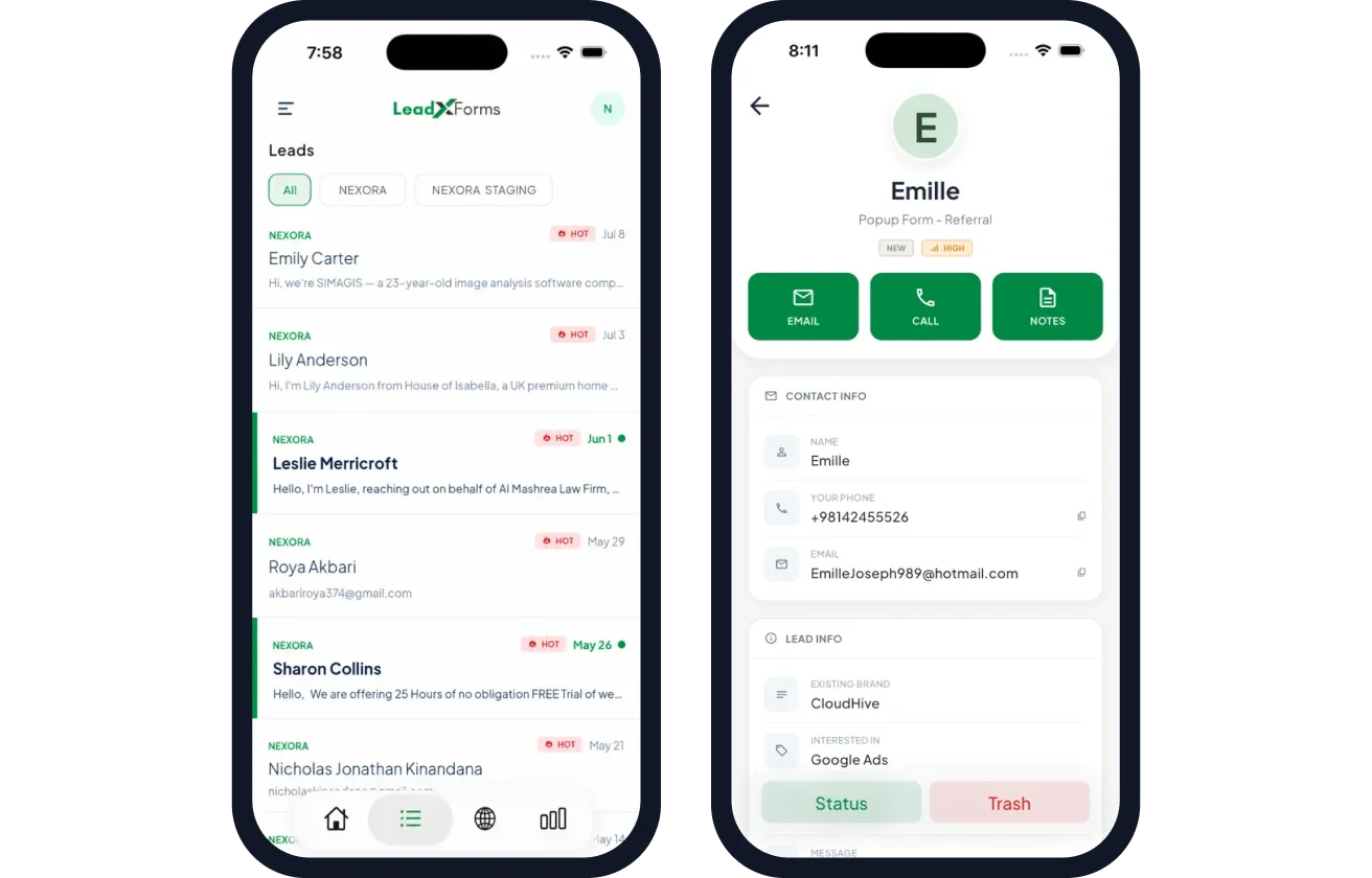 LeadXForms mobile screens showing the lead list and a lead detail with Email, Call and Notes actions