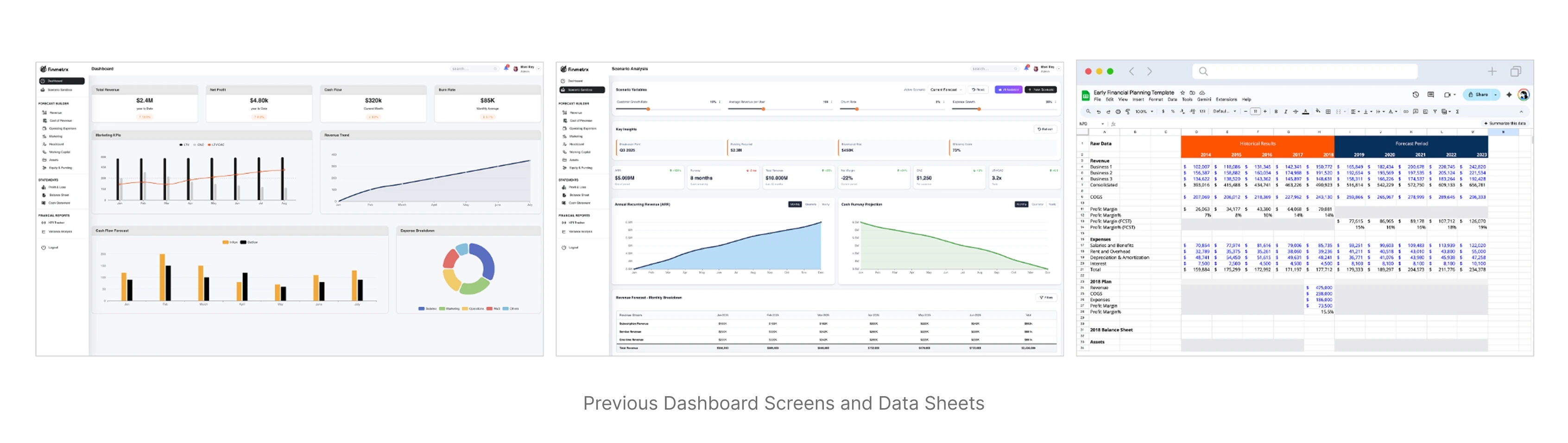 Previous Finmetrx dashboard screens and spreadsheet data sheets used before this redesign