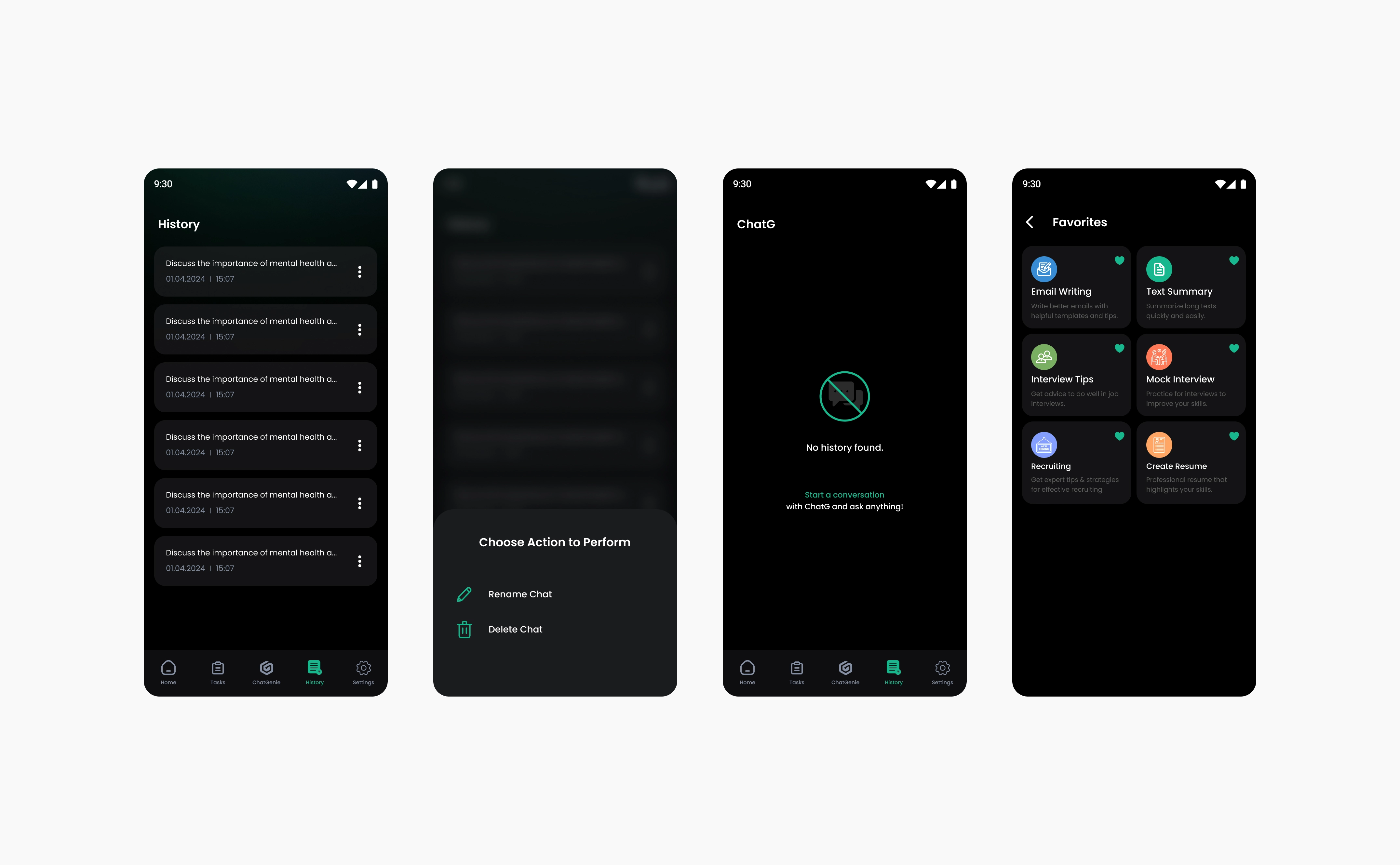 ChatG History list, the Choose Action to Perform sheet with Rename Chat and Delete Chat, the empty No history found state, and the Favorites screen
