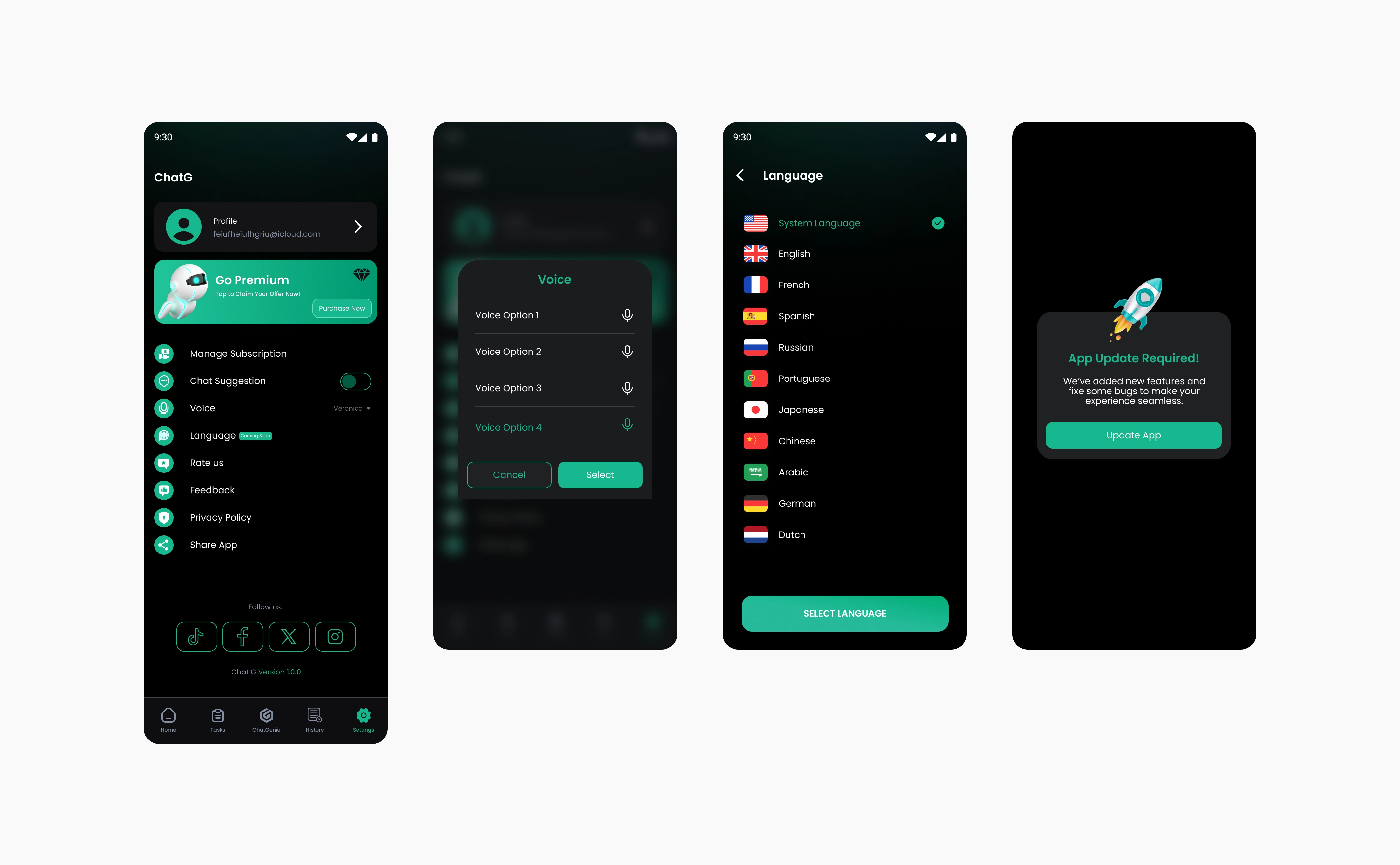 ChatG Settings with profile, Go Premium and the settings list, the Voice picker, the Language list, and the App Update Required dialog
