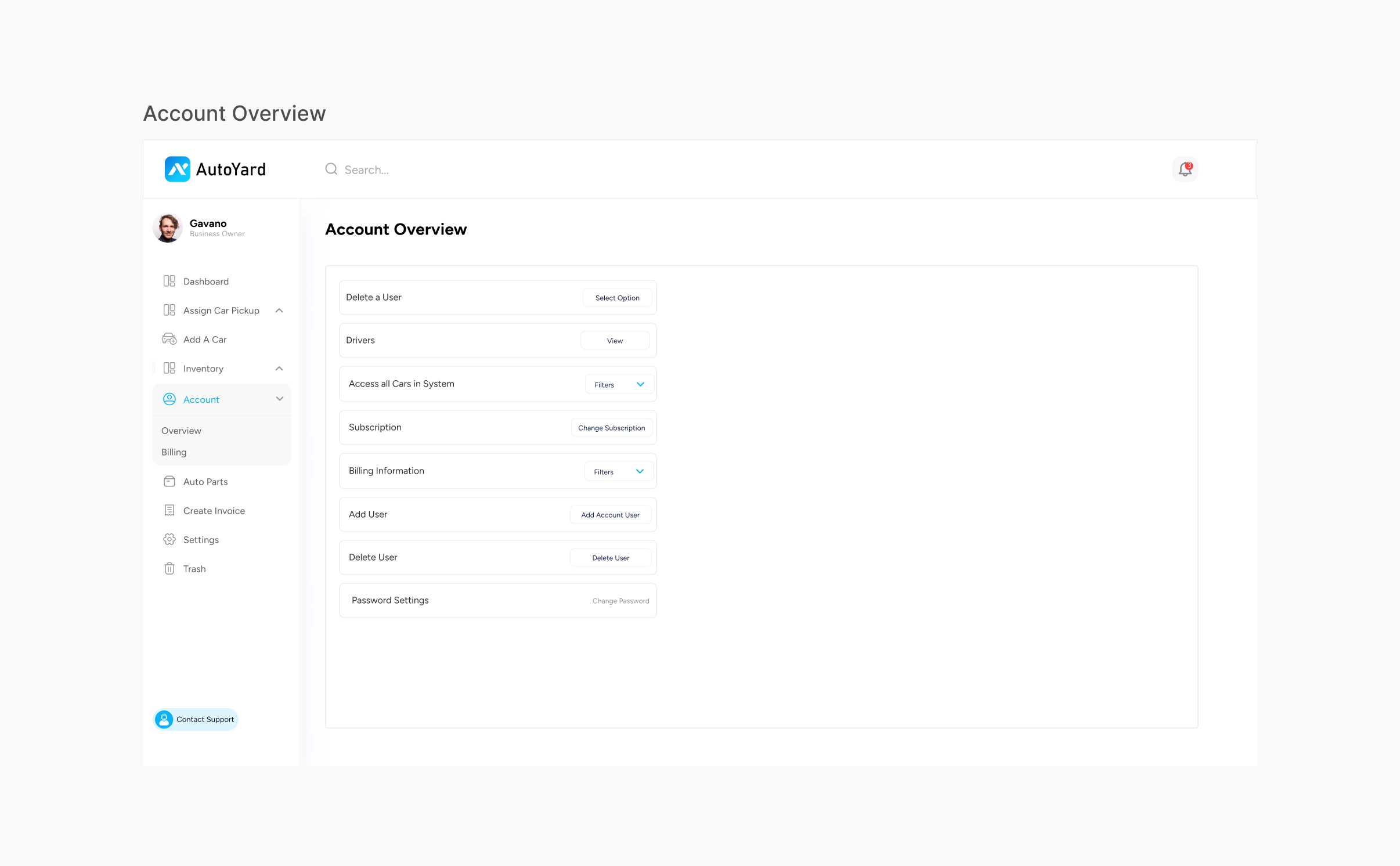 AutoYard Account Overview screen listing users, drivers, access to all cars, subscription, billing information and password settings