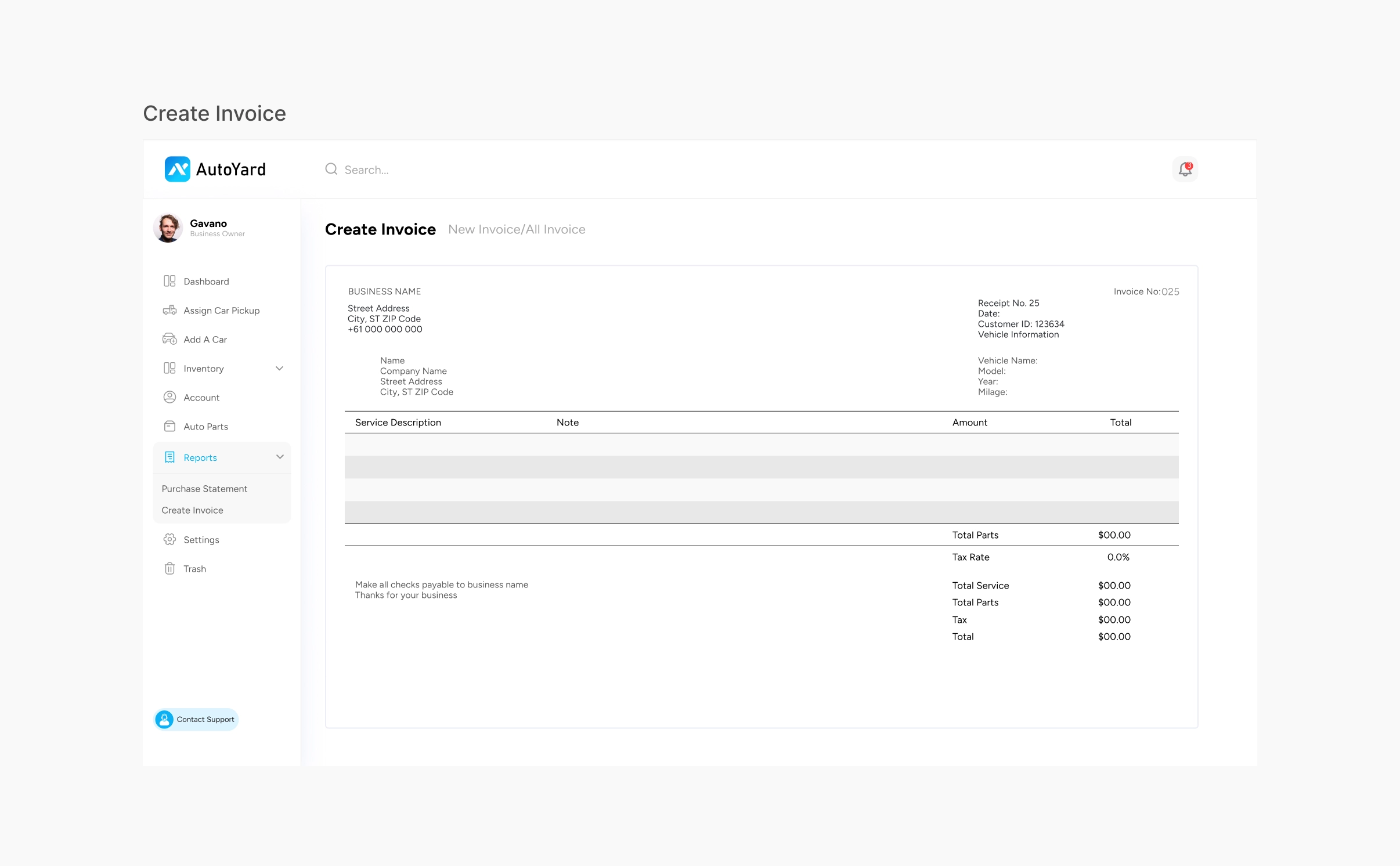AutoYard Create Invoice screen under Reports, with business details, customer and vehicle information, a service description table and totals