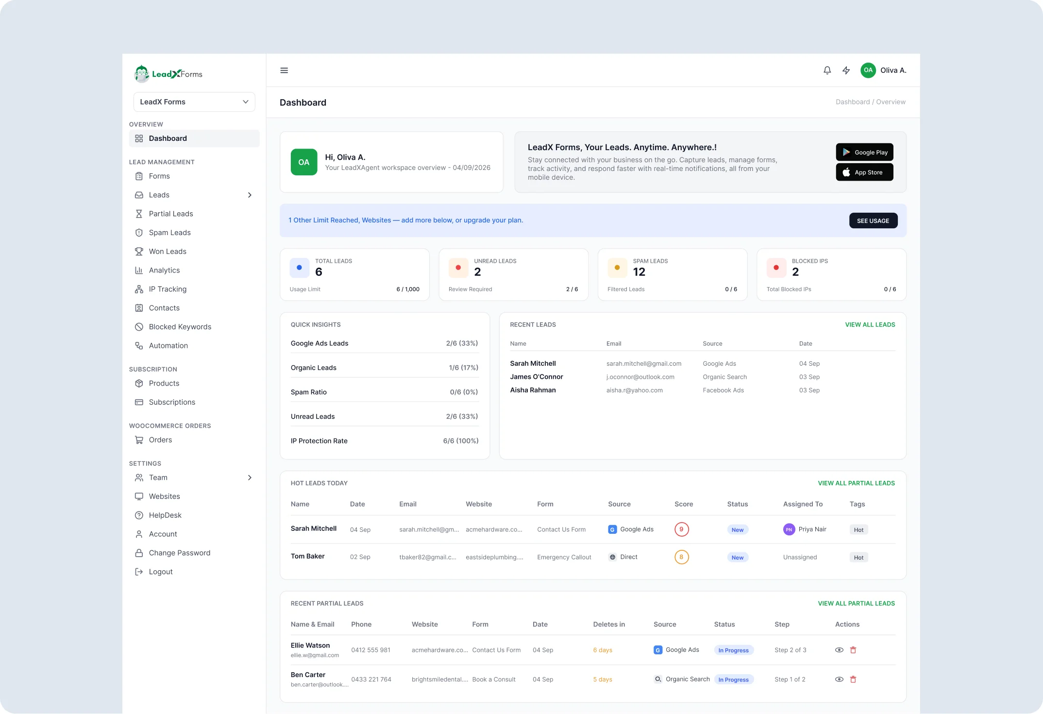 The LeadXForms dashboard