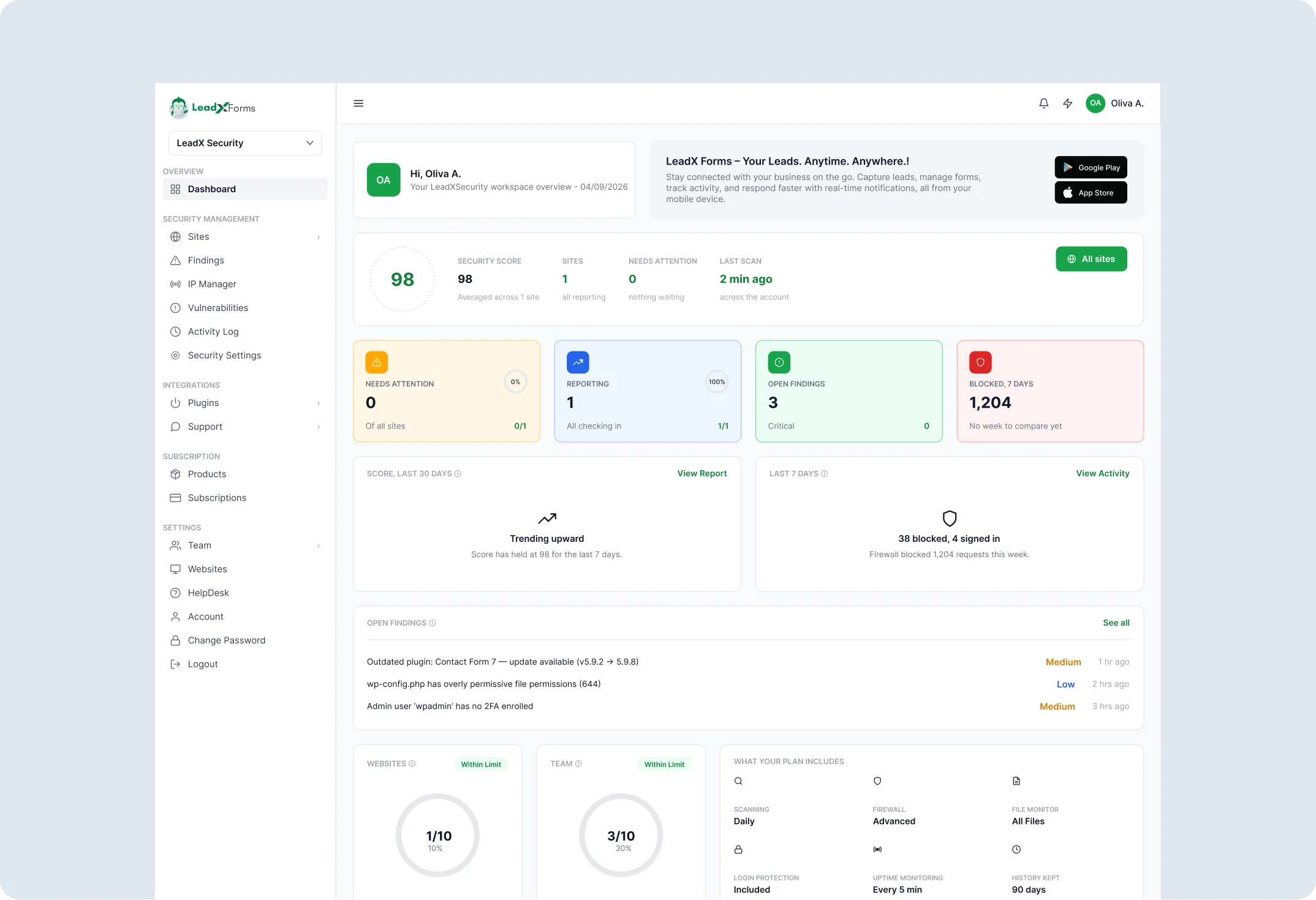 The LeadXSecurity dashboard