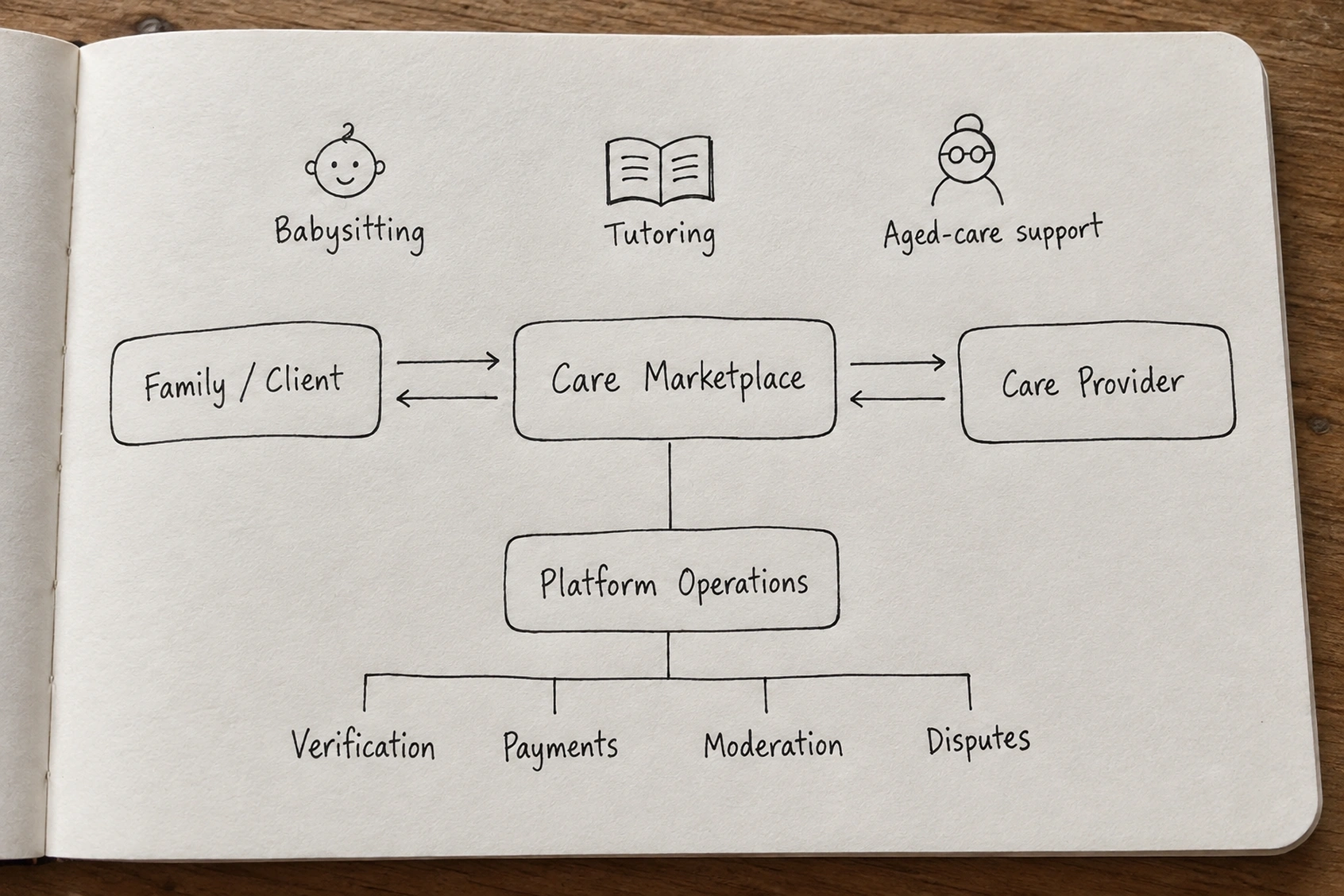 Hand-drawn sitemap showing babysitting, tutoring and aged-care support connecting families and care providers through the care marketplace and platform operations