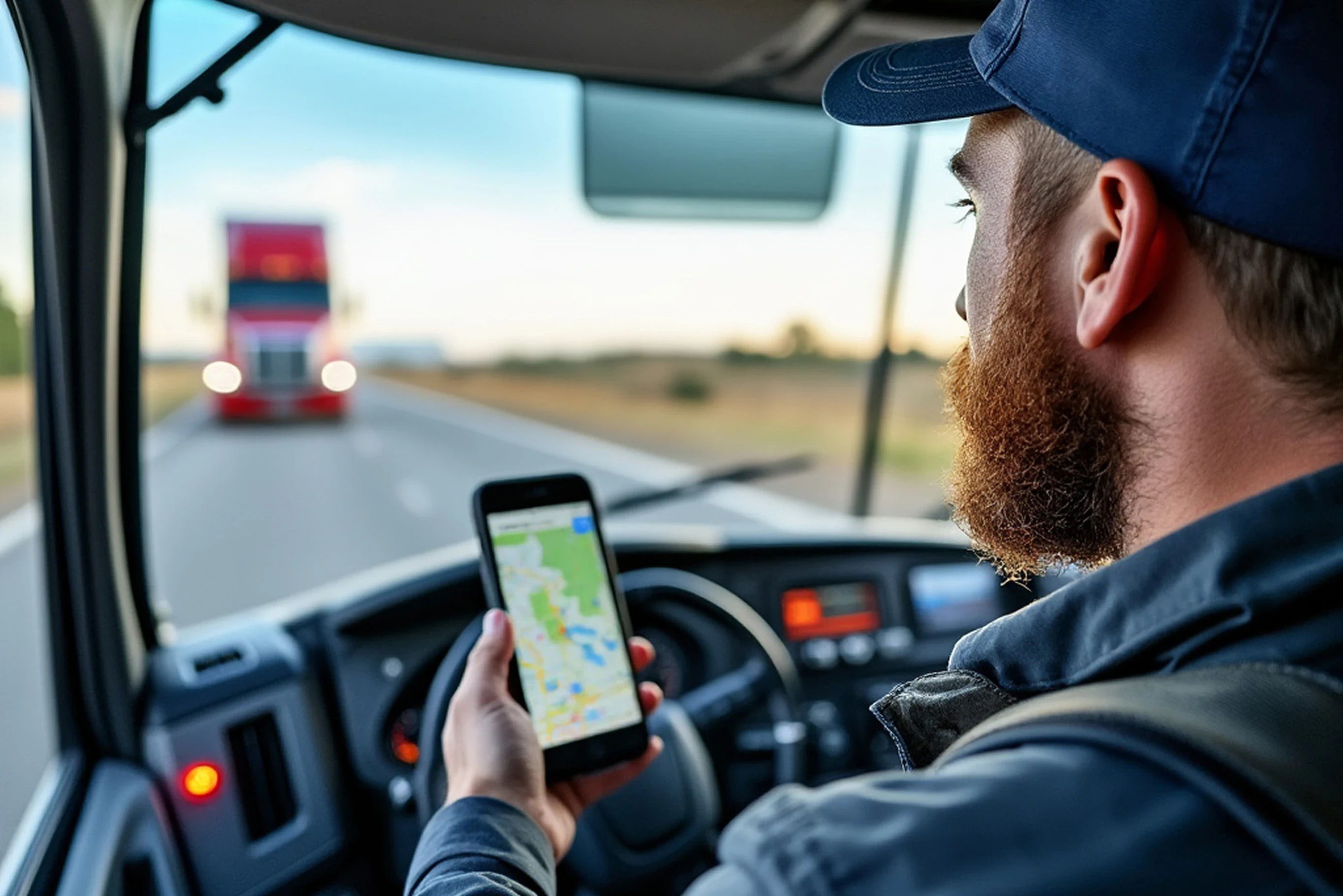 Truck driver using a GPS navigation app on a phone