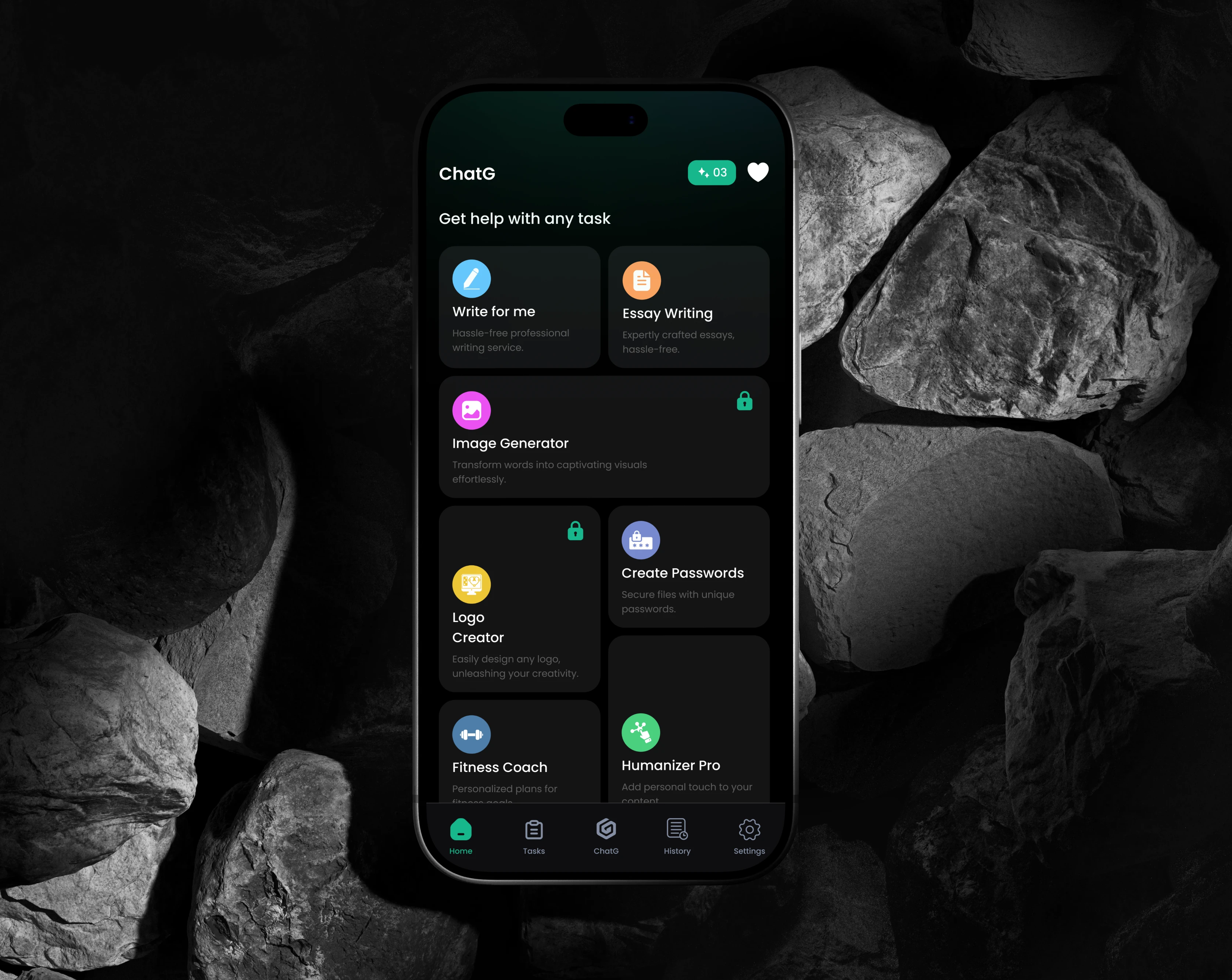ChatG AI chat app Home screen with task cards shown on a phone