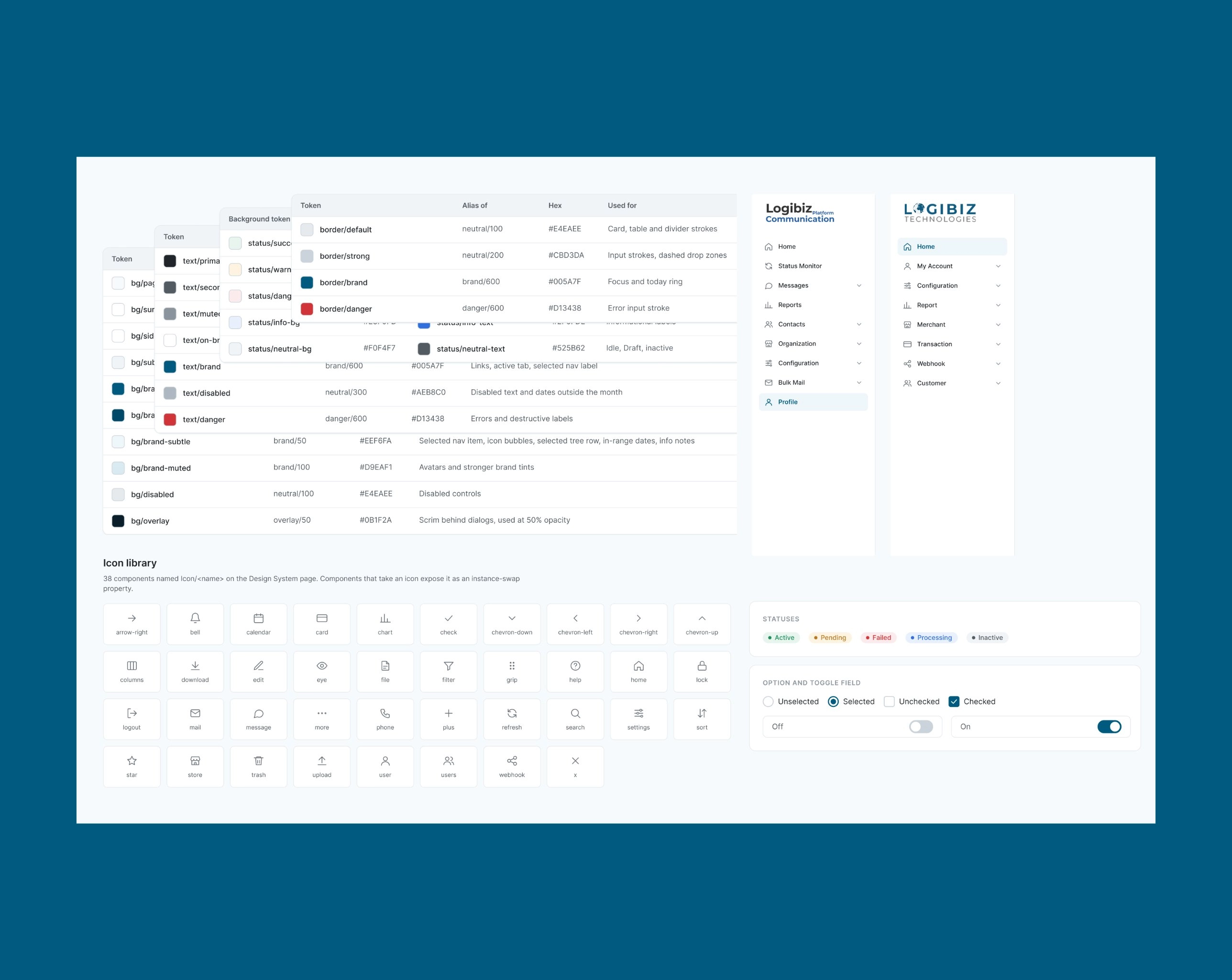The Logibiz design system: colour token tables with hex values and usage, both portal sidebars, the 38 icon library, status chips and toggle fields