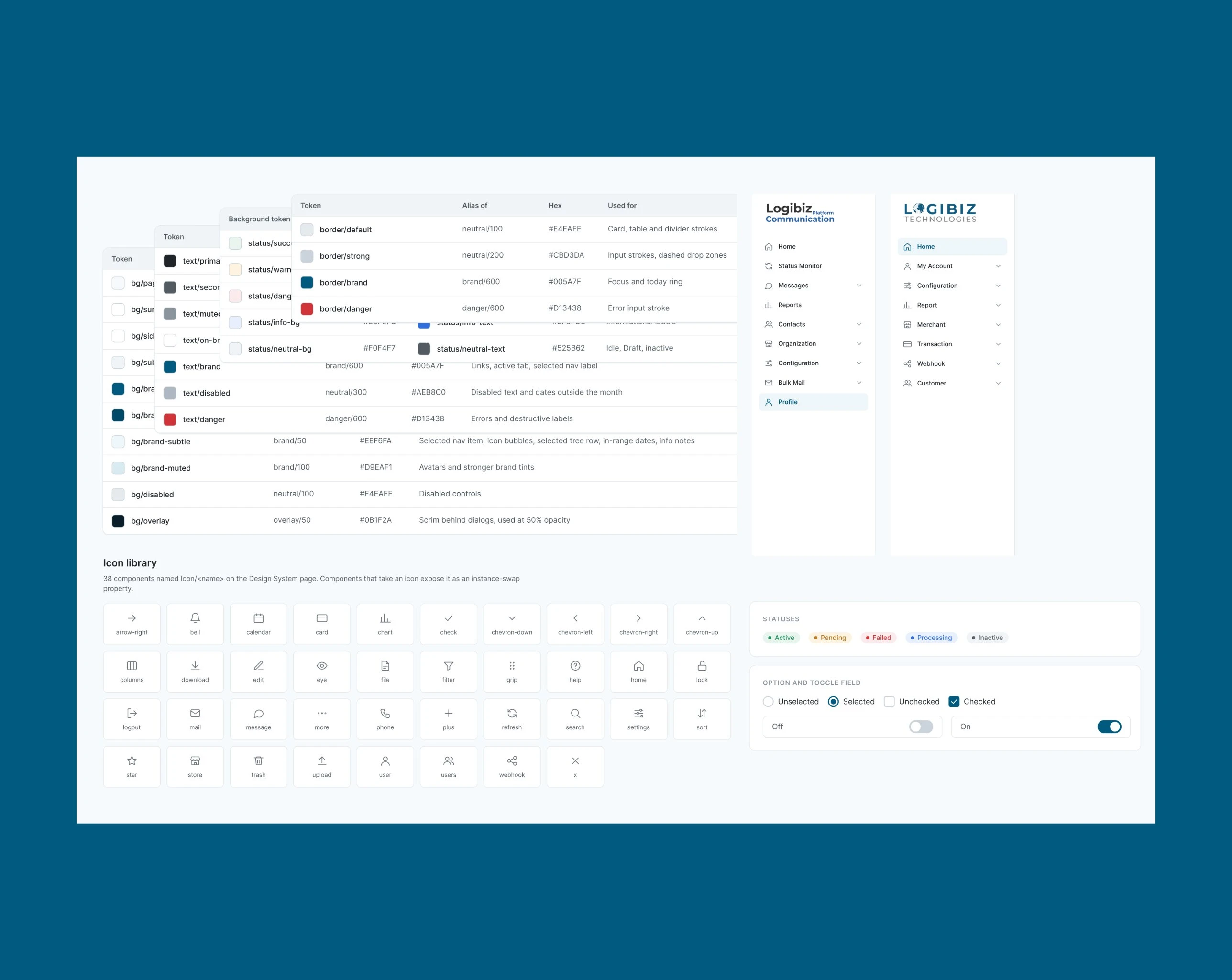The Logibiz design system: colour token tables with hex values and usage, both portal sidebars, the 38 icon library, status chips and toggle fields