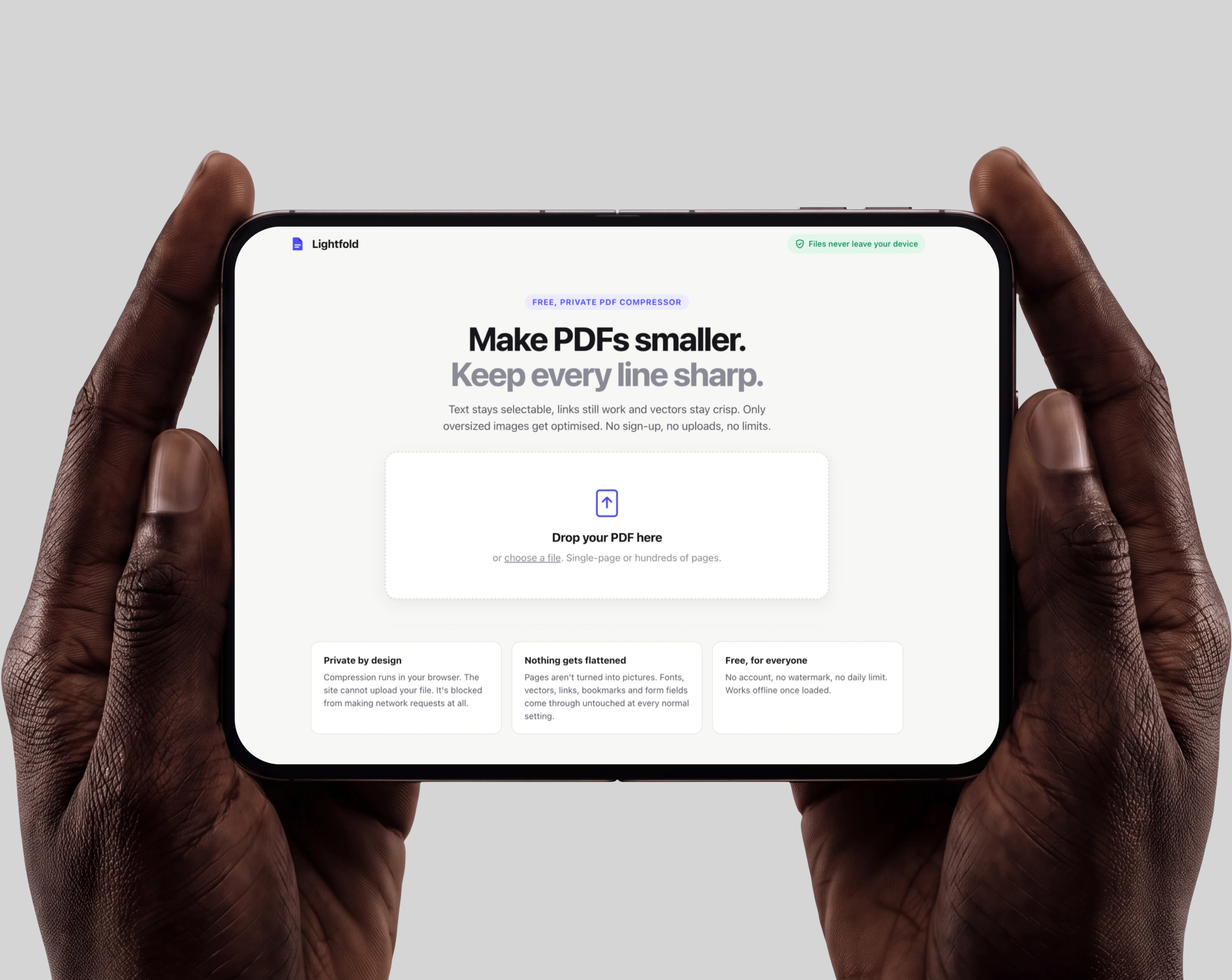Lightfold PDF compressor landing page shown on a tablet, Make PDFs smaller, keep every line sharp