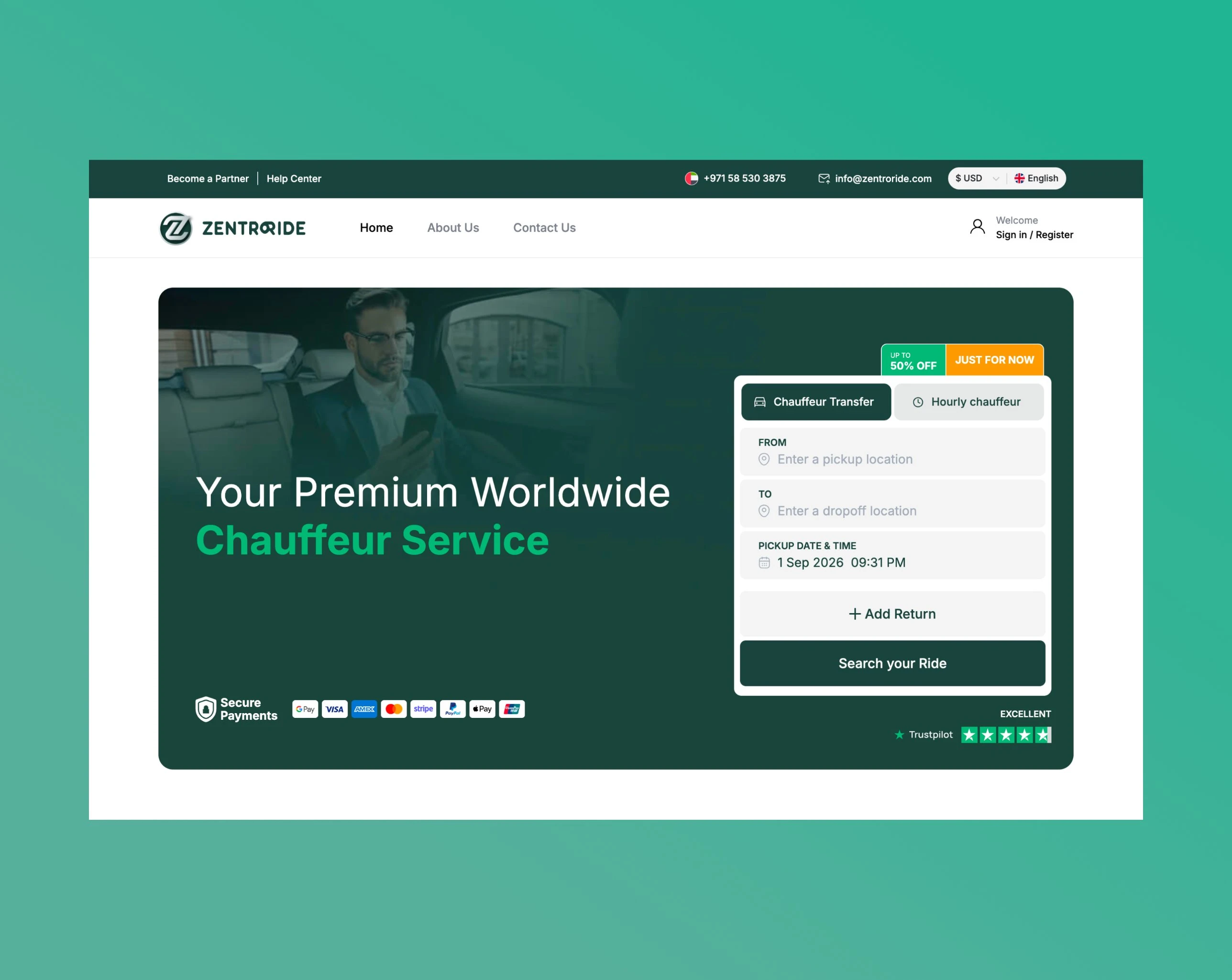 The ZentroRide website hero, Your Premium Worldwide Chauffeur Service, with the chauffeur transfer booking panel