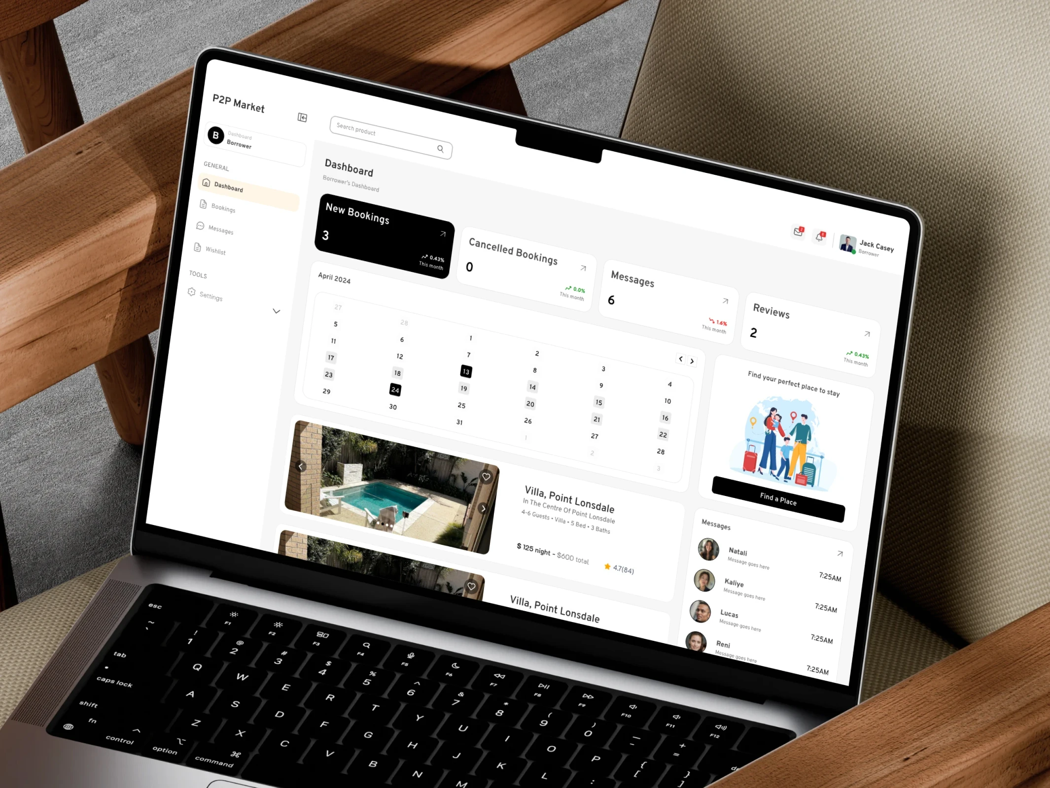 Peer-To-Peer Item Rental Marketplace dashboard shown on a laptop