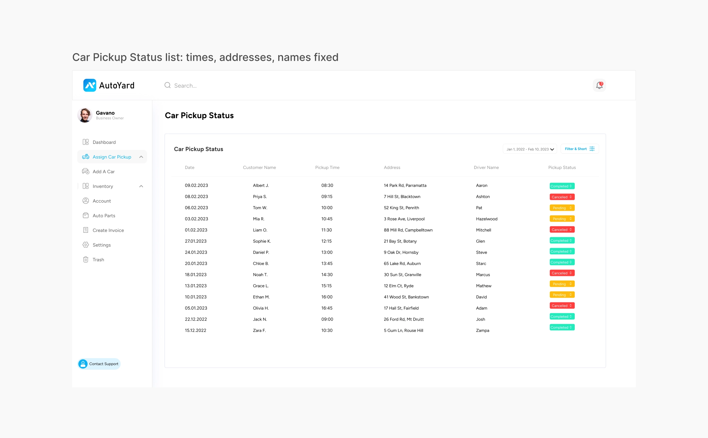 AutoYard Car Pickup Status list with date, customer name, pickup time, address, driver name and a colour-coded Completed, Cancelled or Pending status