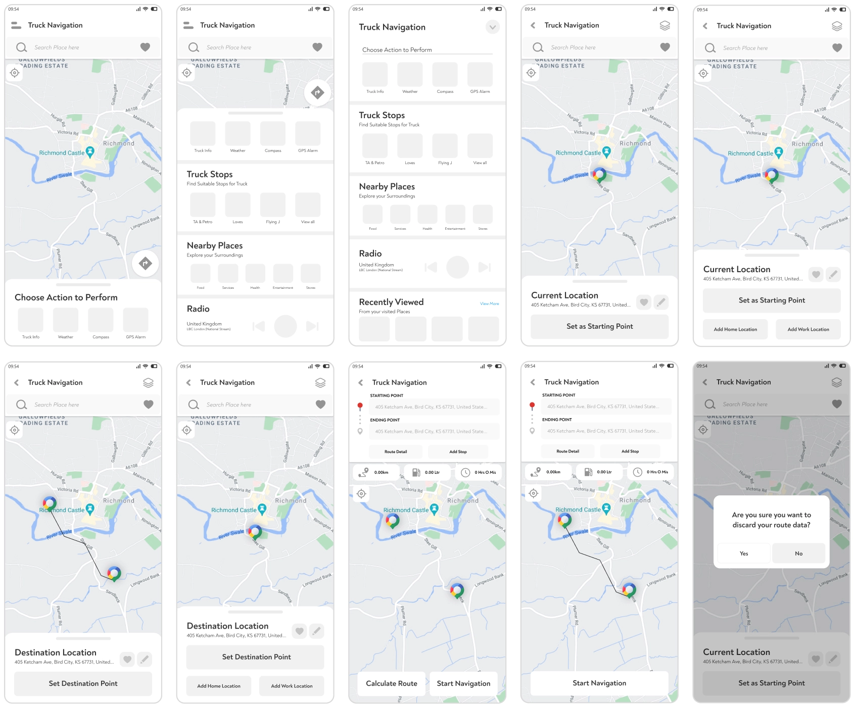 Ten hi-fi wireframe screens showing the Truck Navigation redesign flow from the home map through route confirmation