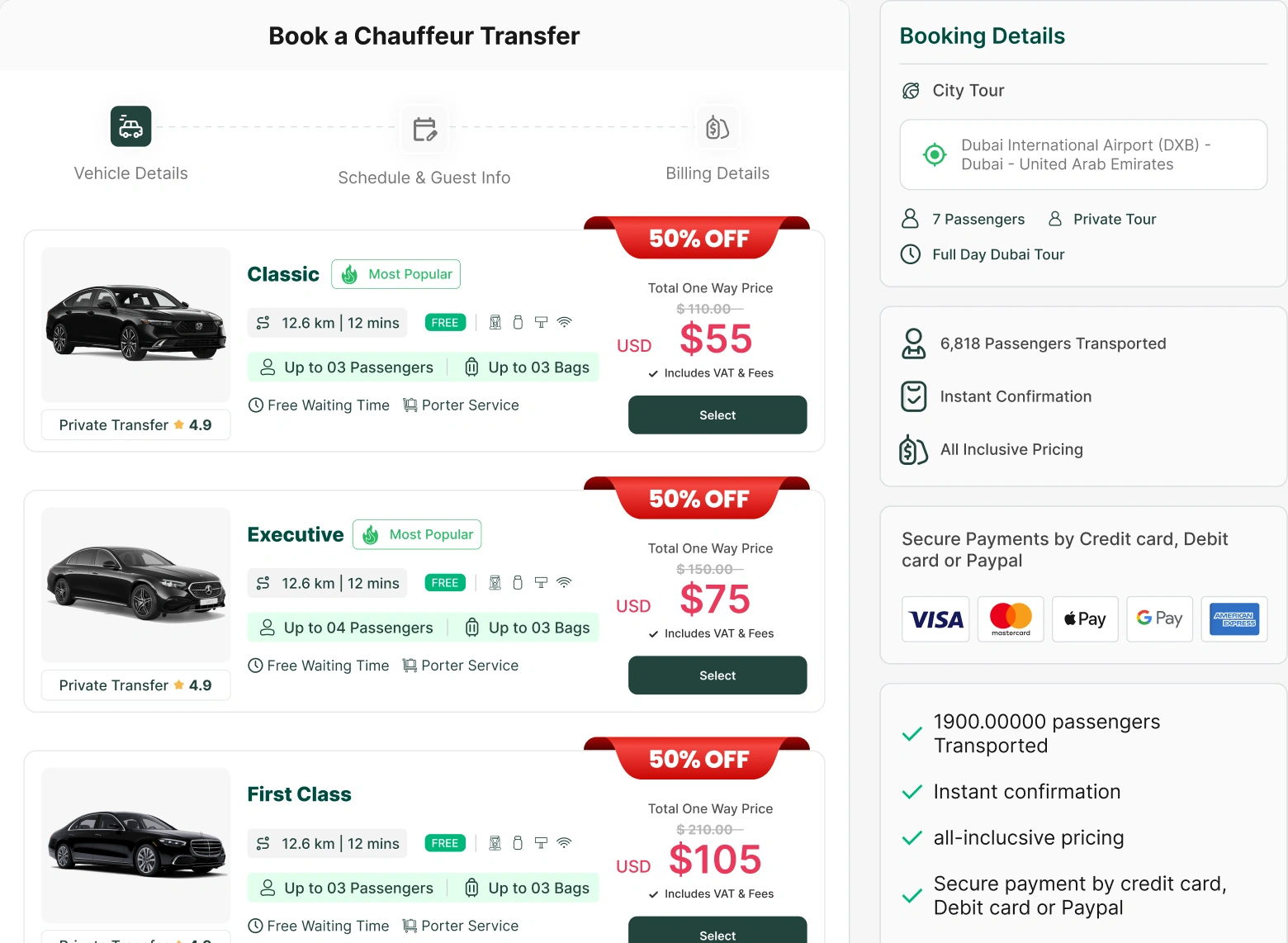 Select a car screen: each car card shows what is included, with a booking details summary beside it