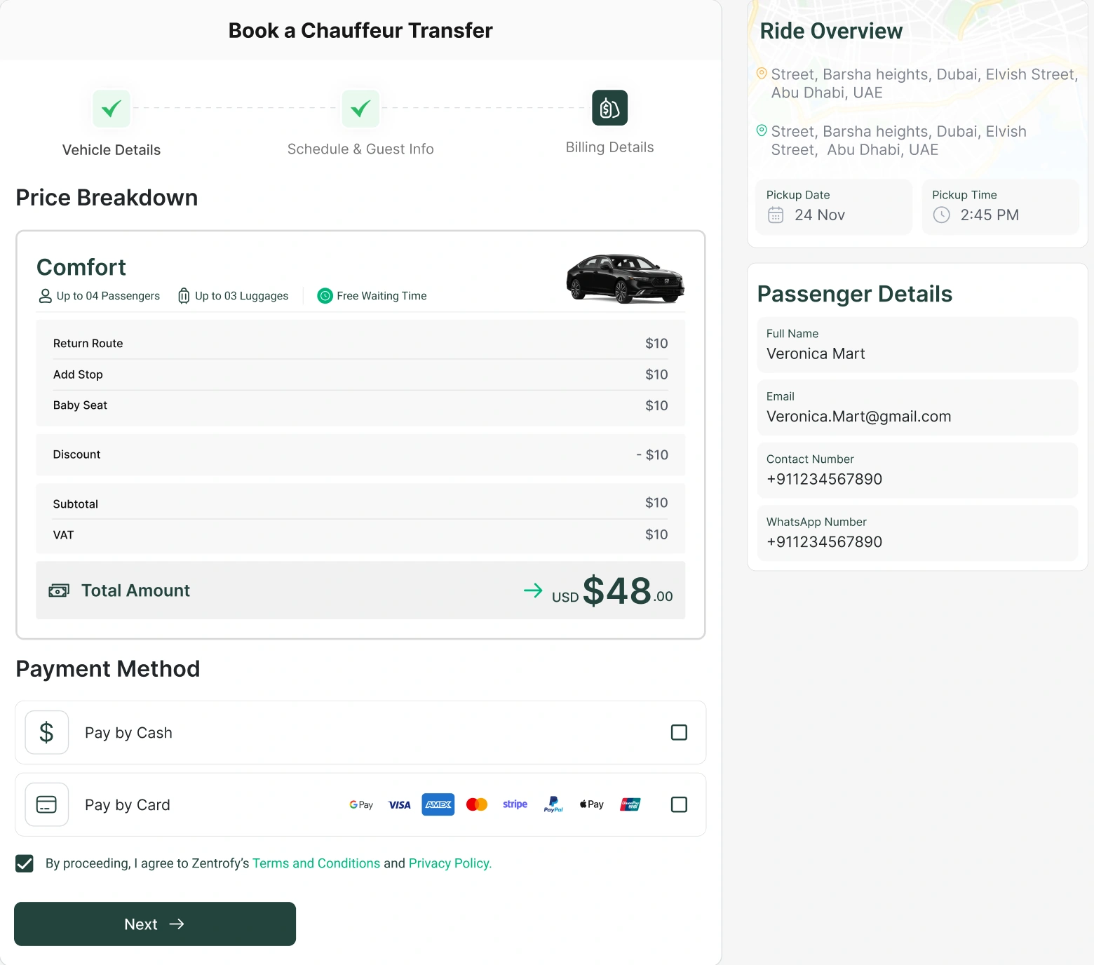 Price breakdown with extras and the updated total