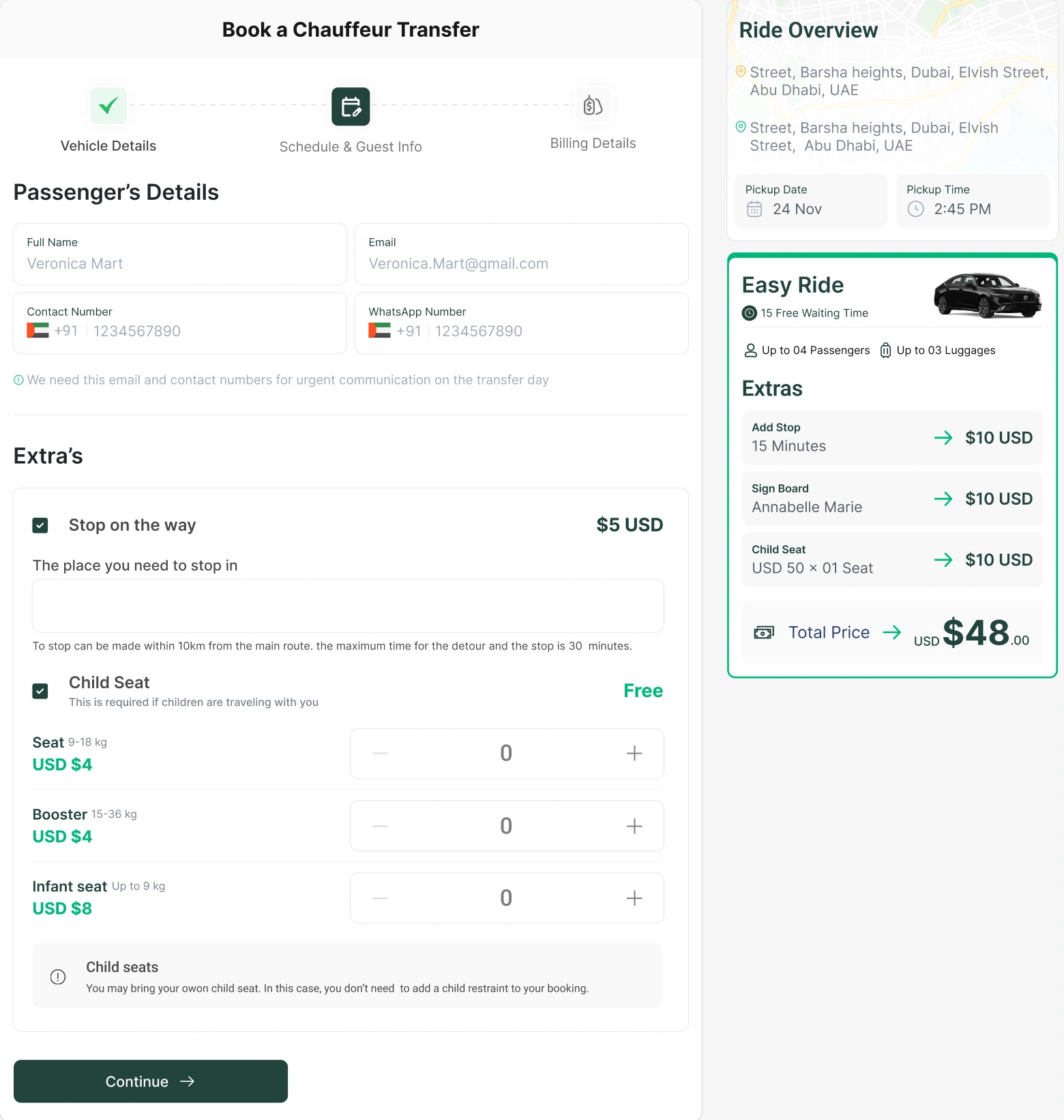 Add details screen with extras and their prices, and a ride summary with the total