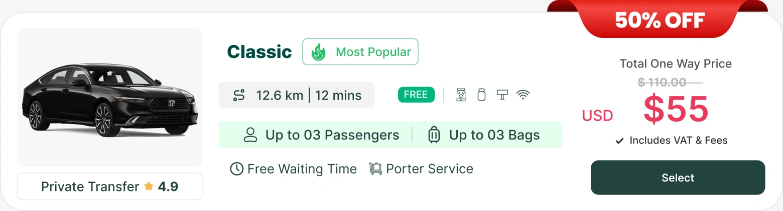 Car card showing Up to 03 passengers and Up to 03 bags
