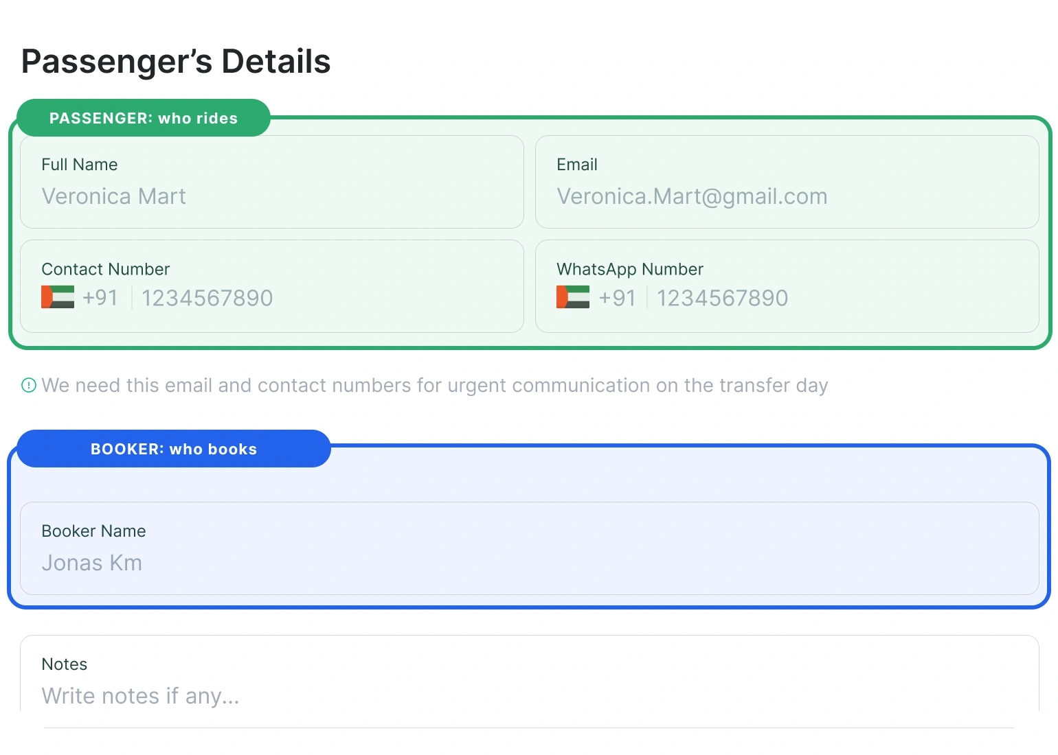 Passenger details form with a passenger zone and a separate booker zone