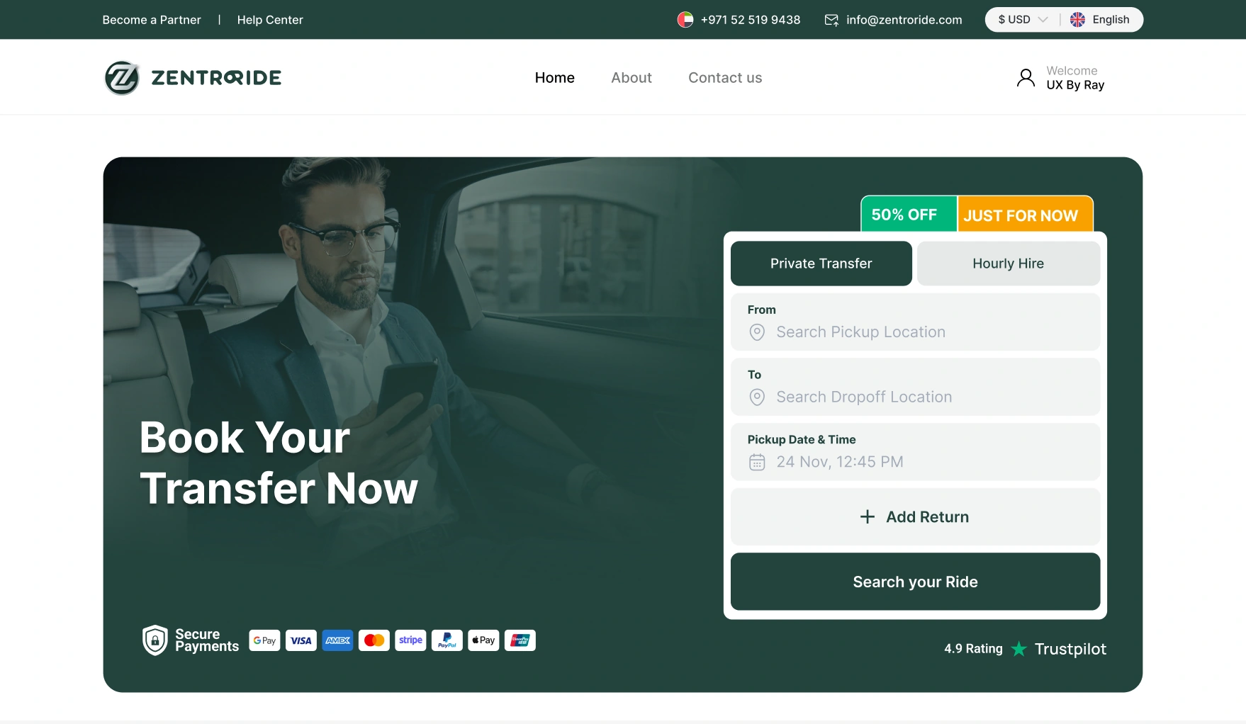 ZentroRide home page with the booking form