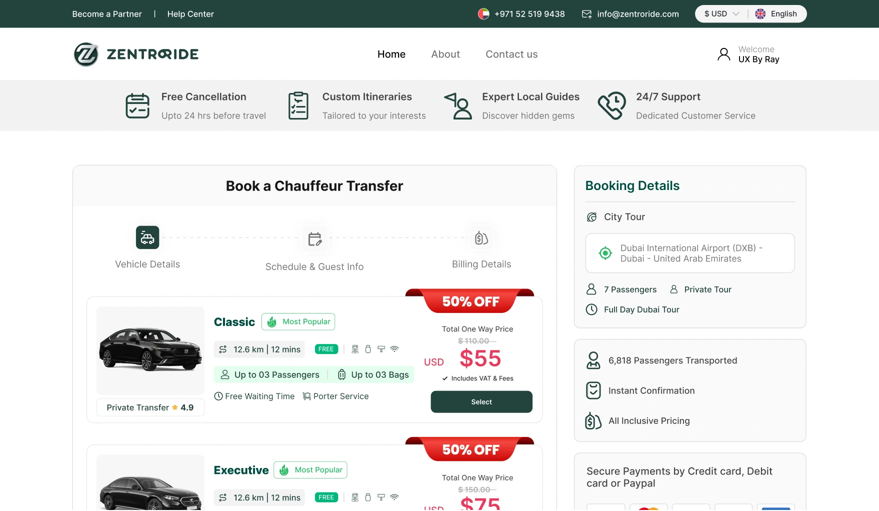 Select a car: each car shows its price, seats and bags