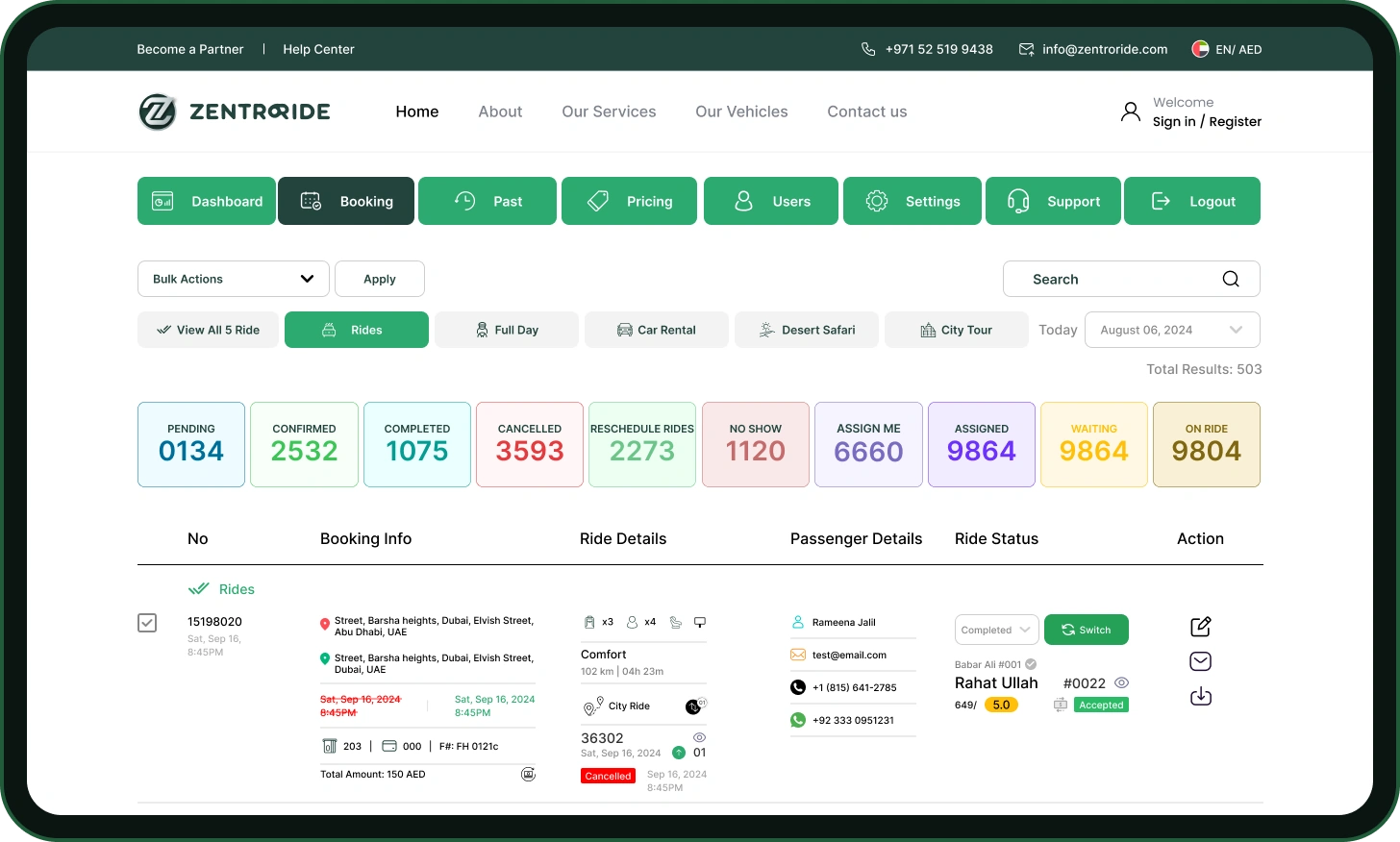 ZentroRide admin live queue on desktop