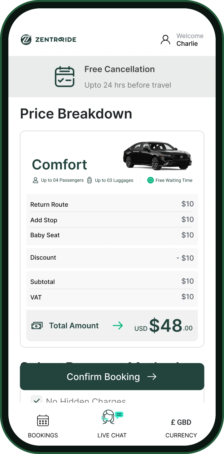 ZentroRide mobile app: price breakdown with a Confirm Booking button