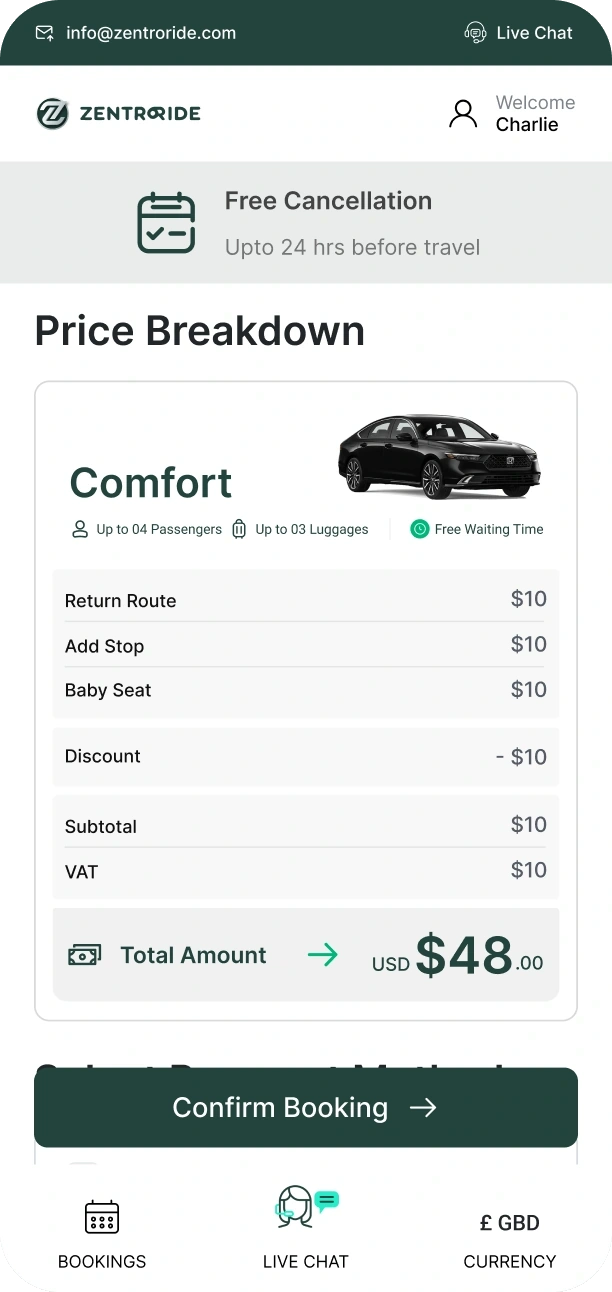 Mobile: price breakdown with a Confirm Booking button